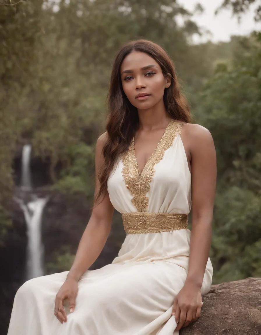 Masterpiece, a beautiful queen, crowned with gold and diamonds stands in the forest in autumn, accompanied by a big white wolf, on the edge of a clear and very beautiful river, faded colors, high definition with 4k resolution, sharp focus, with highly detailed facial features and realistic visual style, High detail face, high detailed leather, High resolution, photorealistic, cinematic lighting, depth of field, bokeh