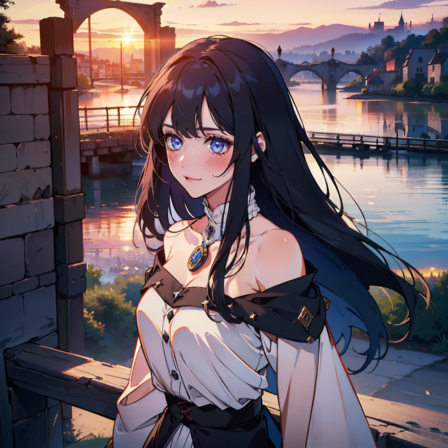 ((one girl)), ((detailed eyes)), dark blue eyes, long hair, A beautiful girl is on the road, 22 years old, masterpiece, highest quality, High contrast, blue blouse, shoulders exposed, cleavage, white mini skirt, medium breasts, portrait, fit body, (high quality :1.5), black hair, (((happy)), blush, Tall body, vulnerable, mature face, outdoors, (((medieval era, village))), mature face, ((high resolution)), ((sunset in the back)), ((bridge)),