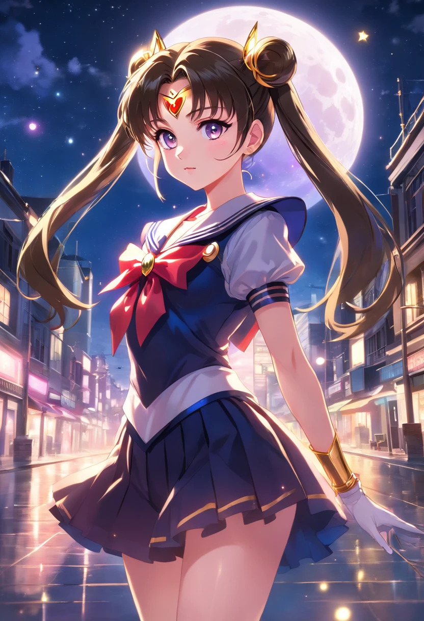 Sailor Moon, Realistic, 1girl in, (magical girl:1.4), Long dark brown hair, (Gold Opal Eyes), (crystalline, Sparkling bokeh), (Gothic:1.4)Style Sailor Scout Uniform, (Big breasts:1.25), cleavage, wide hips, Small waist, skin tanned, 鎖骨, Parted lips, makeup, blush, Shiny skin, Night, reflection, fullmoon, Moonlight, Rose