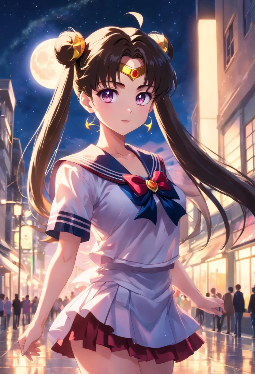 Sailor Moon, Realistic, 1girl in, (magical little girl:1.4), Long dark brown hair, (Gold Opal Eyes), (crystalline, Sparkling bokeh), (Gothic:1.4)Style Sailor Scout Uniform, (Big breasts:1.25), cleavage, wide hips, Small waist, skin tanned, 鎖骨, Parted lips, makeup, blush, Shiny skin, Night, reflection, fullmoon, Moonlight, Rose