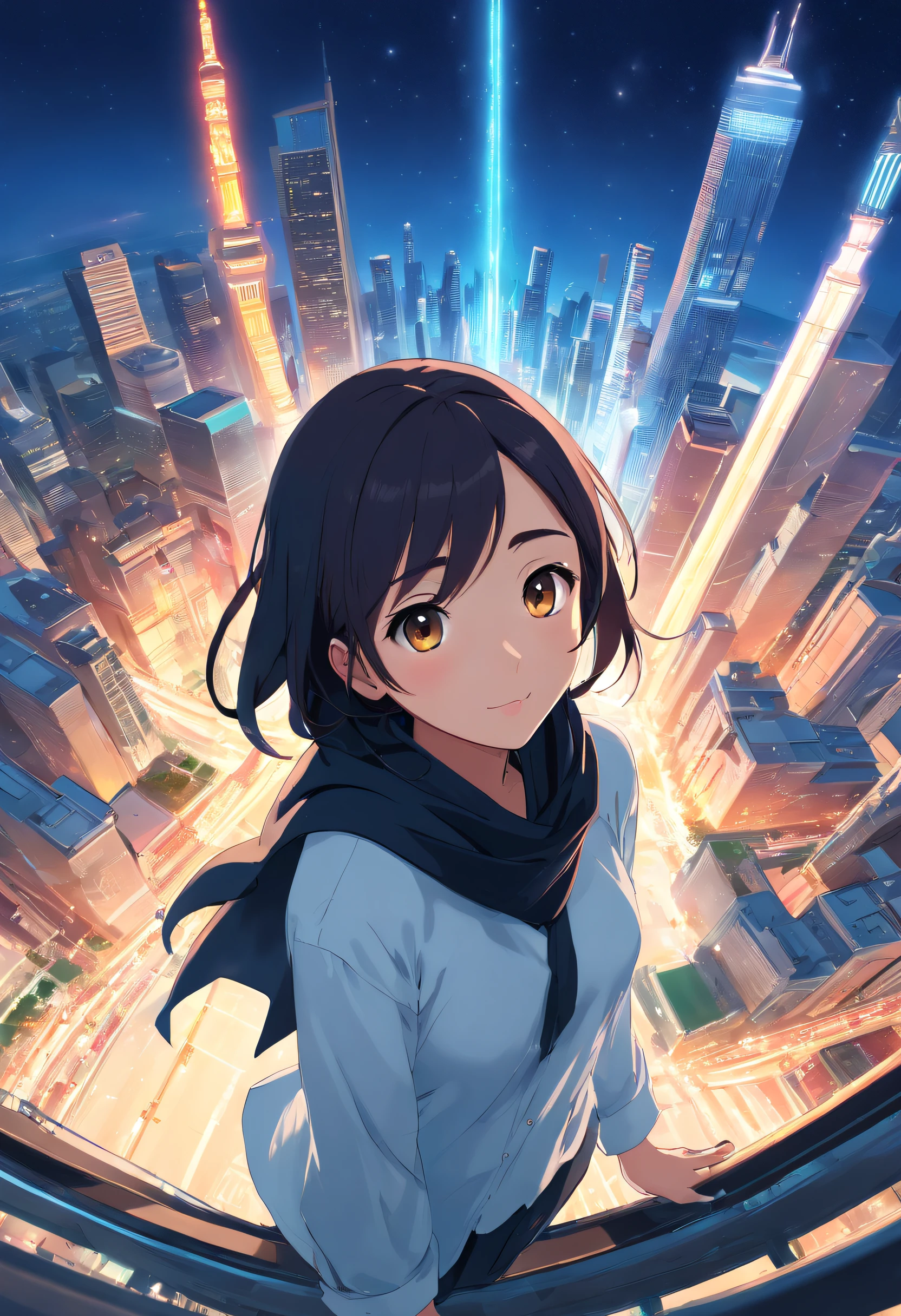 ridiculous resolution, high resolution, (masterpiece:1.4), super detailed, hijab girl, black hijab, white shirt, seen from above, space, floating, --v 6