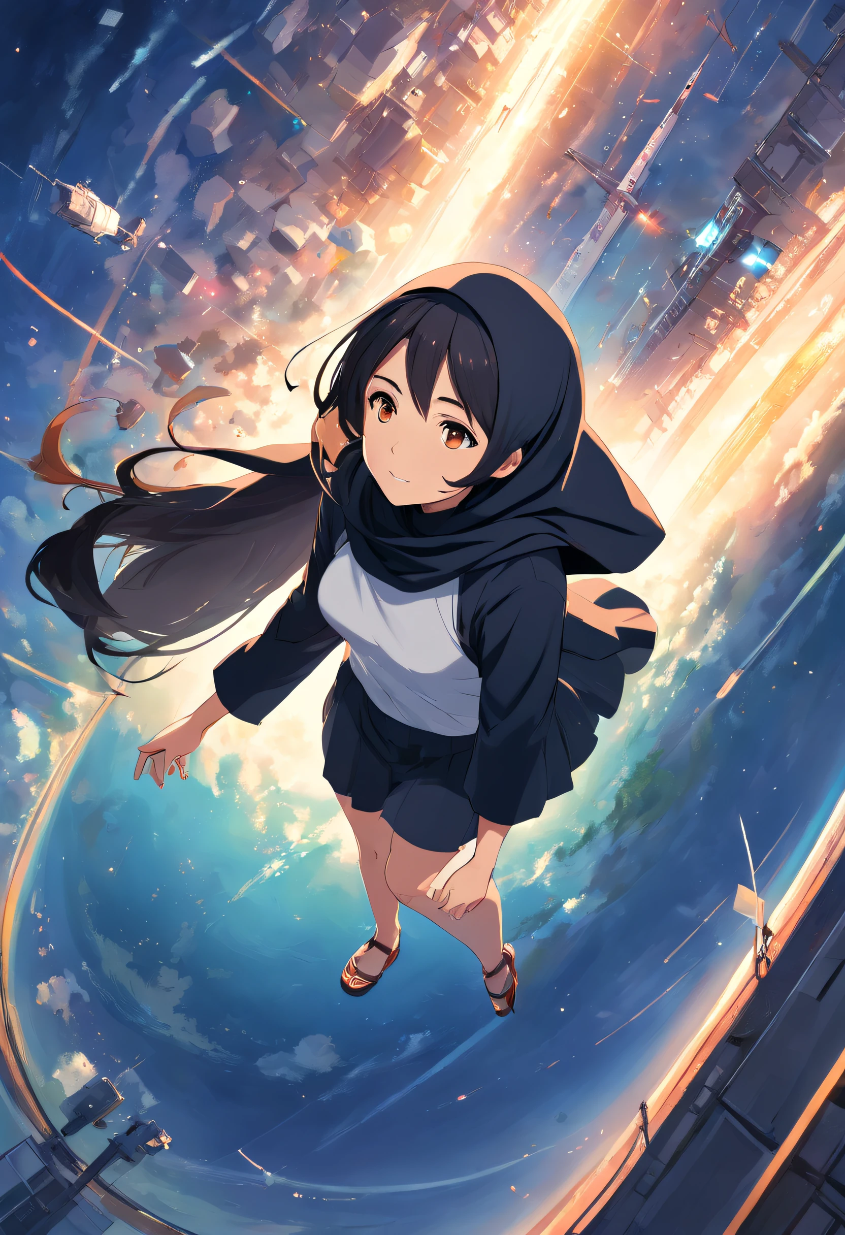 ridiculous resolution, high resolution, (masterpiece:1.4), super detailed, hijab girl, black hijab, white shirt, seen from above, space, floating, --v 6