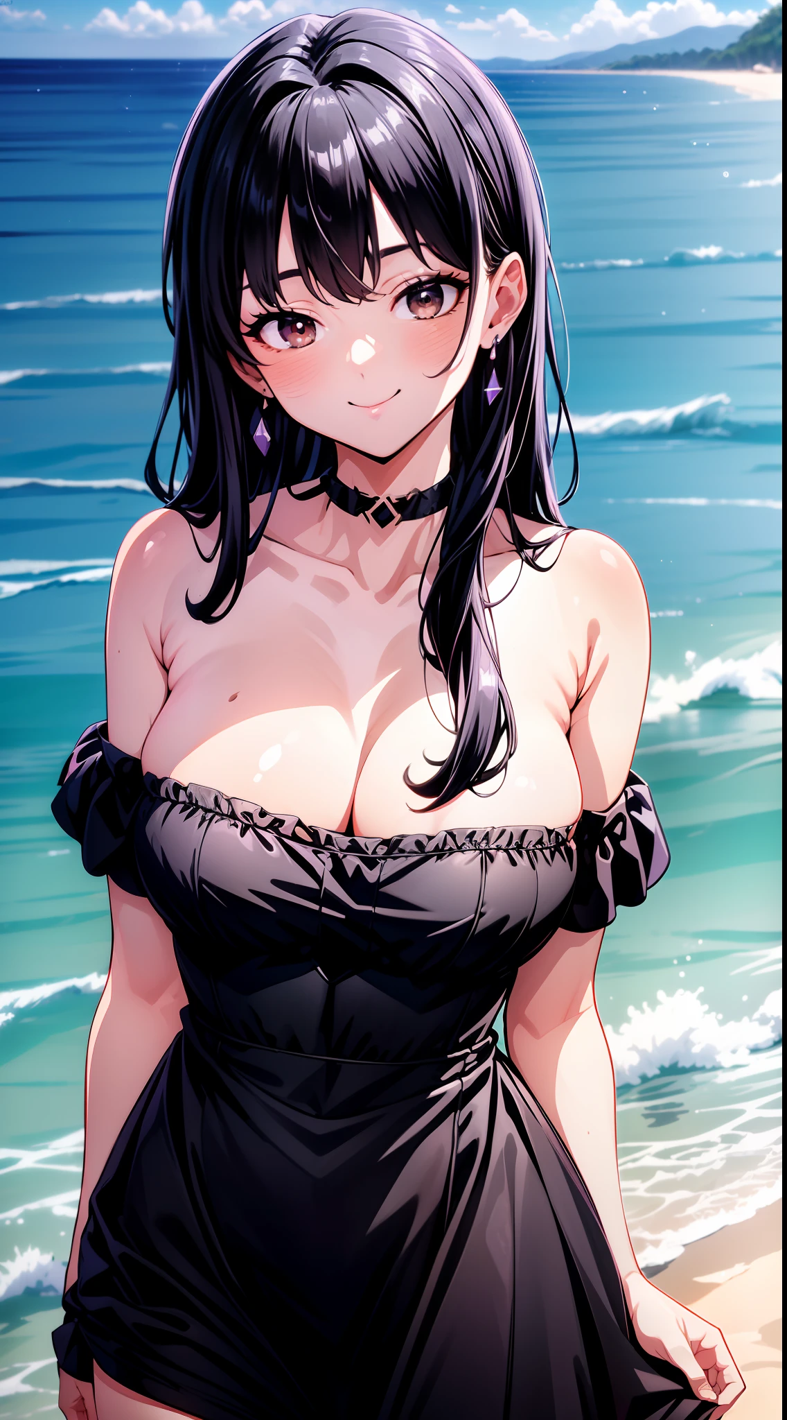 8k, highres, ultra detailed, (masterpiece:1.4), best quality, symmetrical body, (black strapless weighless dress:1.4), choker, cute, solo, earrings long hair, dark purple hair, Brown eyes, glow effect, finely eye, wide smile, detailed face, looking at viewer, smilling at viewer, on the beach, angled view, medium size breasts