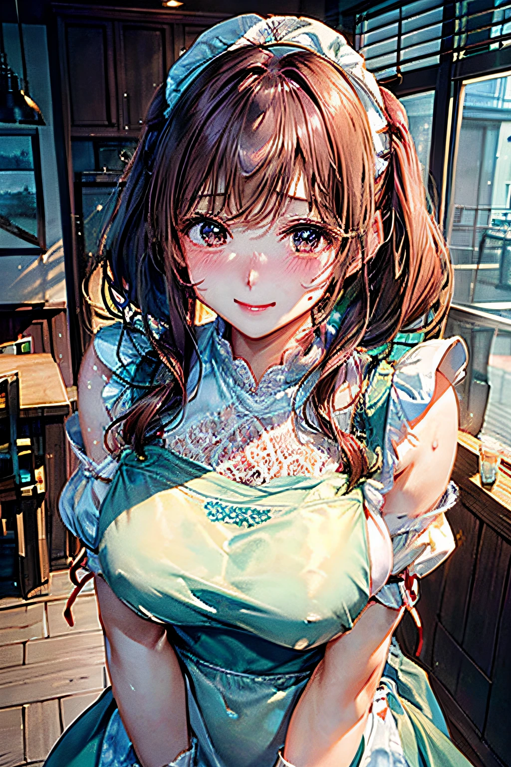 Blushing cheeks、shyly smile、(The 8k quality、Real masterpieces)、(beautiful a girl)、(short hair of red-brown color、hair pin、poneyTail、Floating hair、)Colossal tits、barechested、(((Large size white lace apron on bare skin,、)))、Blush with embarrassment、Enraptured eyes、A smile that beguiles the viewer、Lean forward with your elbows on the kitchen table、Look into the photographer、skin glistening with sweat、gazing at viewer、