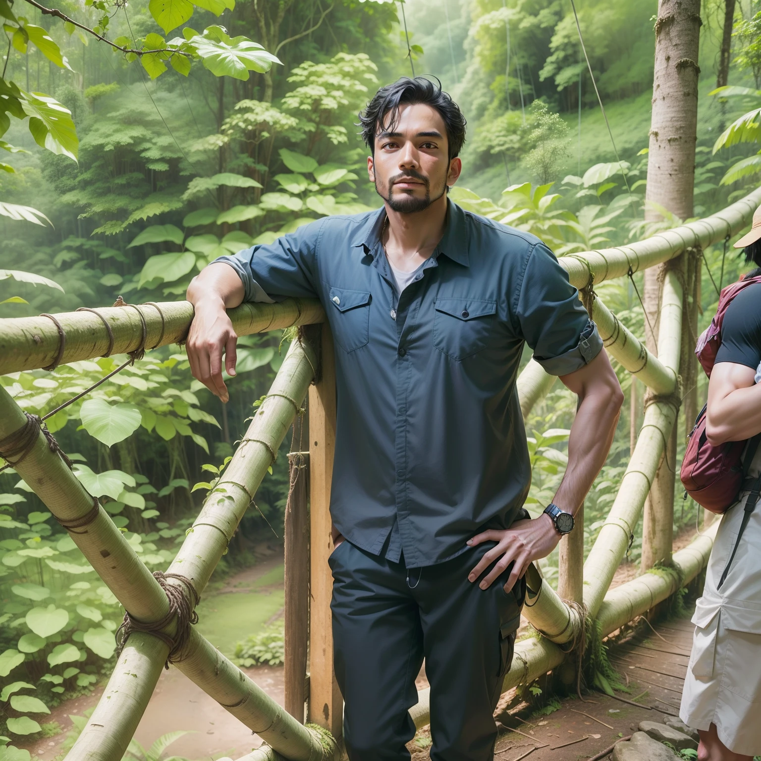 there is a man standing on a bridge in the woods, jungle in background, in a jungle environment, in jungle, in jungle forest, in a jungle, jungles in the background, in front of a forest background, in forest jungle, in the background is lush jungle, in jungle forest peak, in jungle forest !!!, connected with hanging bridge!!