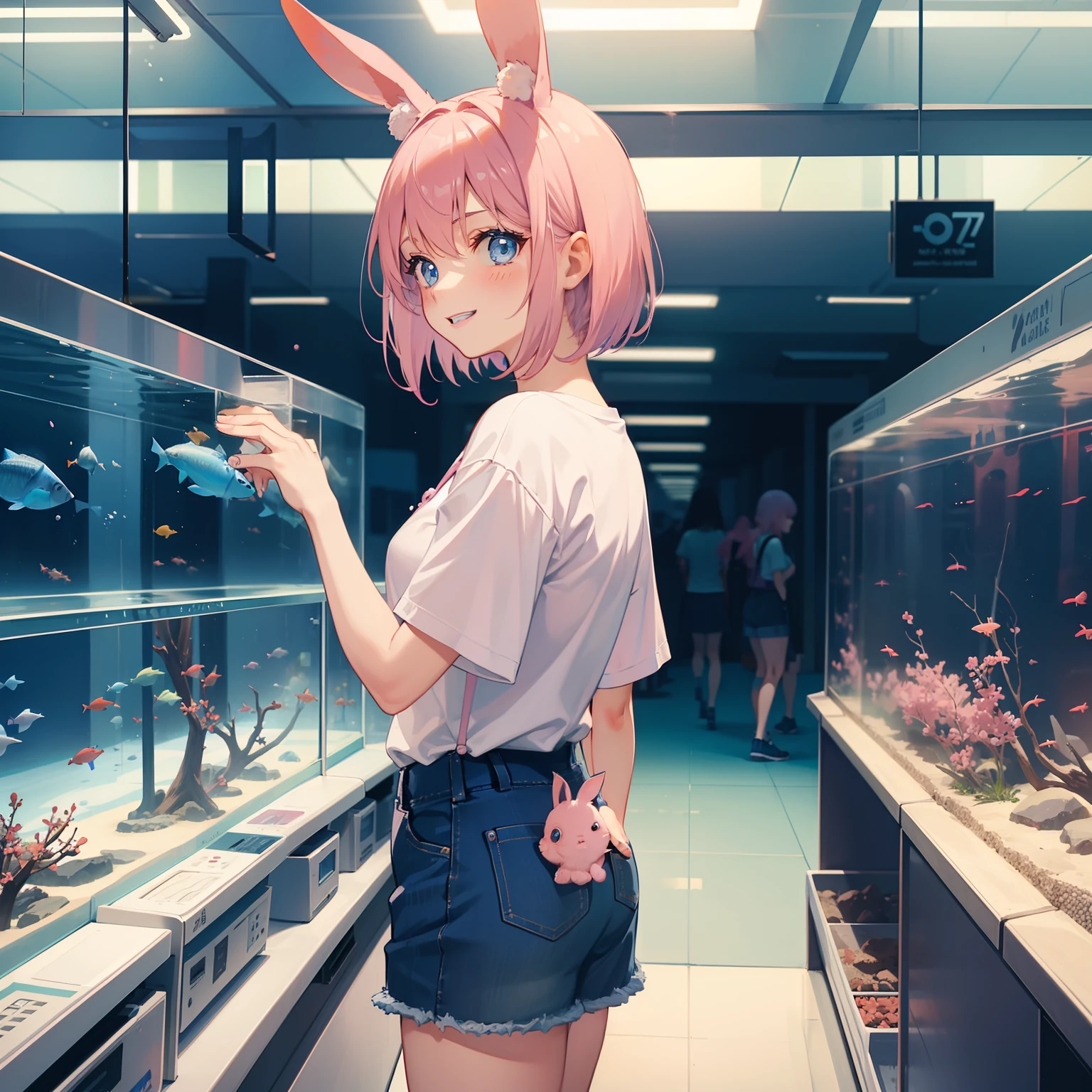 (Girls around 20 years old), Solo, (Pink bob hair), Blue eyes, Rabbit ears, Laughing, tshirts, denim skirt, (In the aisles of the aquarium), (View the fish tank), profile, From Side