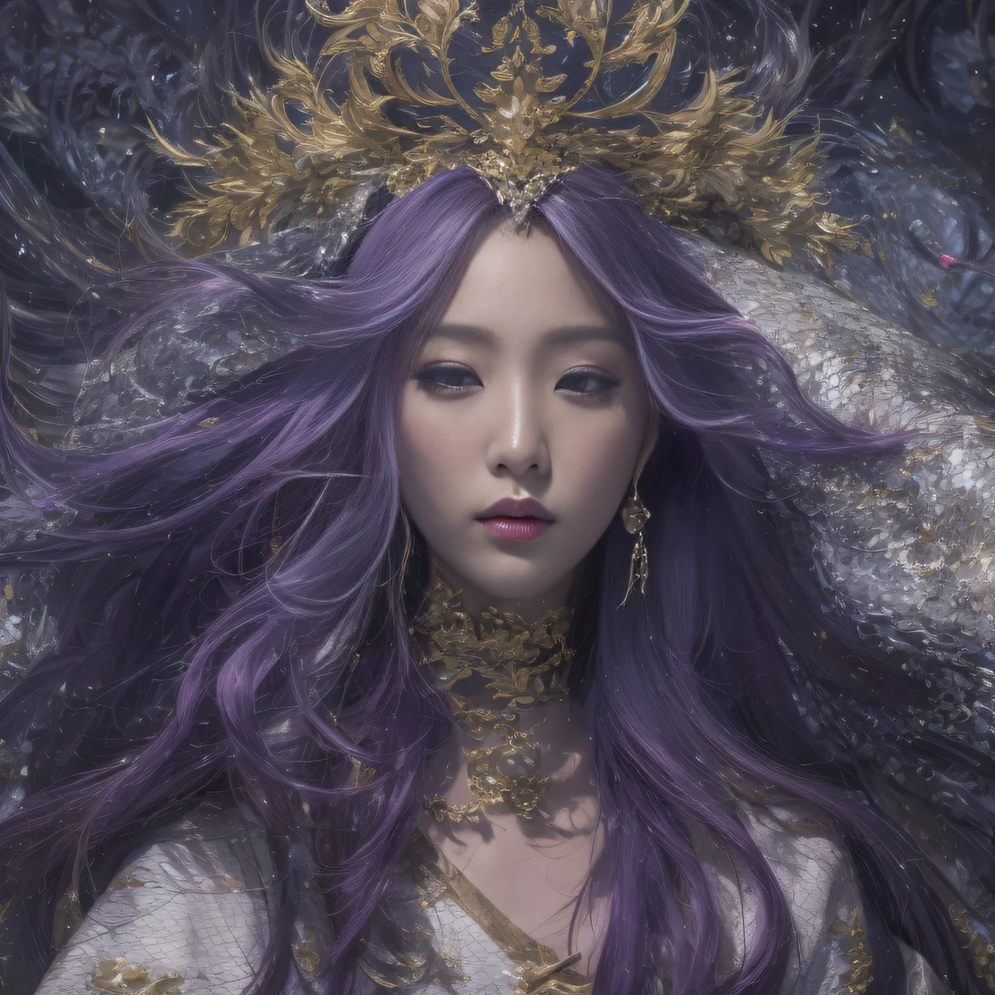 Agate glass texture 32K（tmasterpiece，k hd，hyper HD，32K）Long flowing bright purple hair，Autumn Pond，zydink， a color， Asian people （Kizi）， （Red scarf）， Combat posture， looking at the ground， long whitr hair， Floating bright purple， Fire cloud pattern gold tiara， Chinese long-sleeved gold silk garment， （abstract ink splash：1.2）， white backgrounid，Lotus protector（realisticlying：1.4），Bright purple hair，Smoke on the road，The background is pure， A high resolution， the detail， RAW photogr， Sharp Re， Nikon D850 Film Stock Photo by Jefferies Lee 4 Kodak Portra 400 Camera F1.6 shots, Rich colors, ultra-realistic vivid textures, Dramatic lighting, Unreal Engine Art Station Trend, cinestir 800，Long flowing bright purple hair