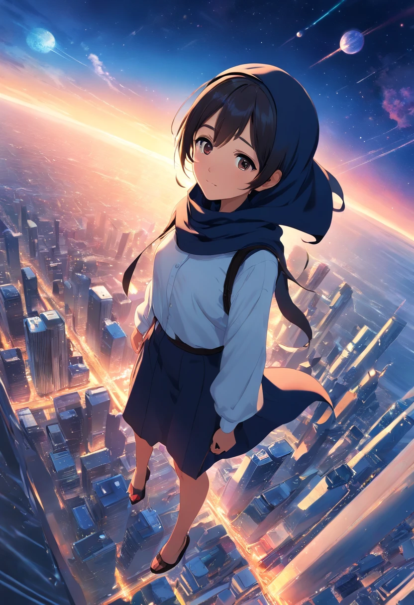 ridiculous resolution, high resolution, (masterpiece:1.4), super detailed, hijab girl, black hijab, white shirt, seen from above, space, floating, --v 6