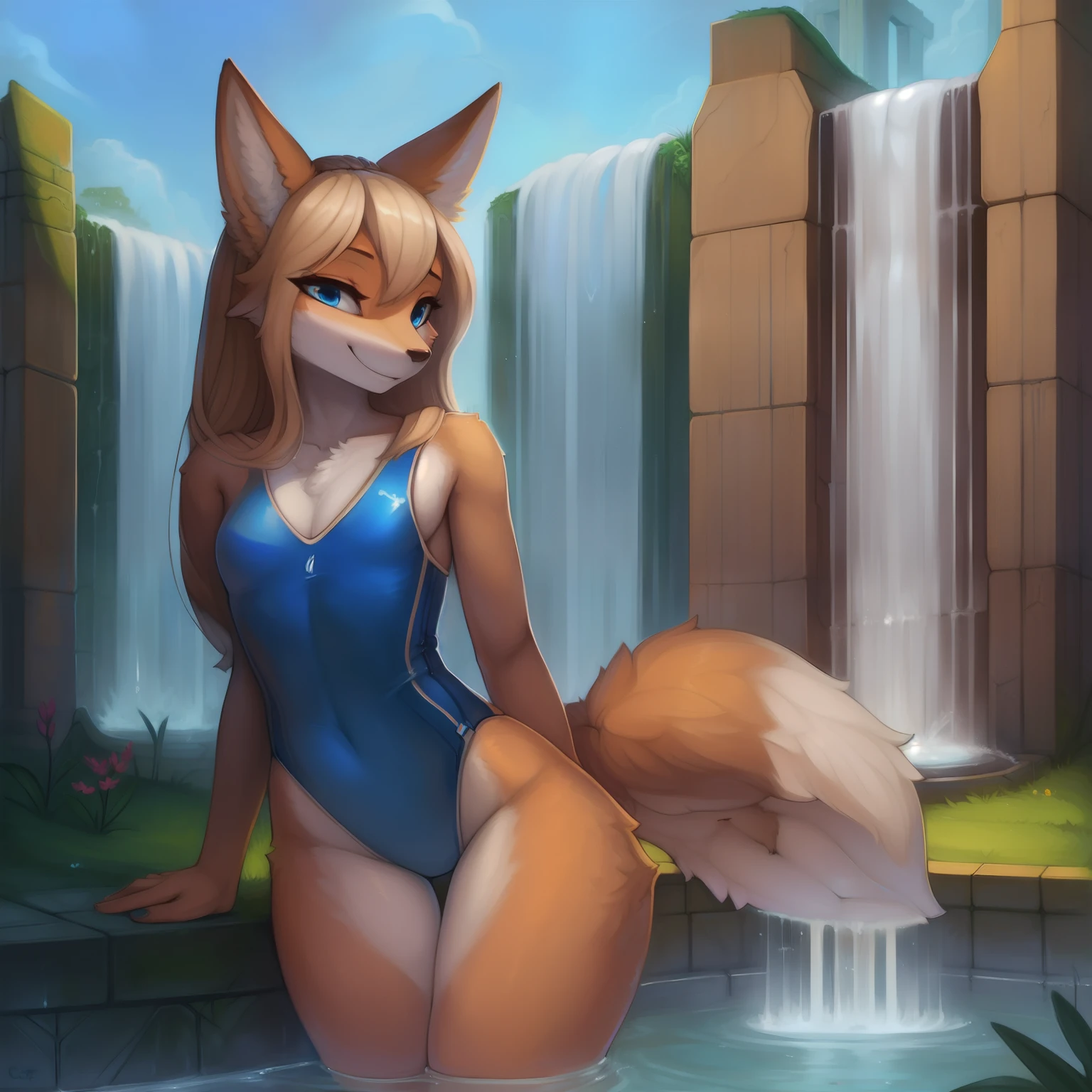 by photonoko, by cerf, solo, female, vulpine, cream colored fur, (snout, hair, tail), shoulder length hair, hair style, smile, happy smile, lean body, small chest, wide hips, thigh gap, thick thighs, blue one-piece swimsuit, ancient ruin fountain.