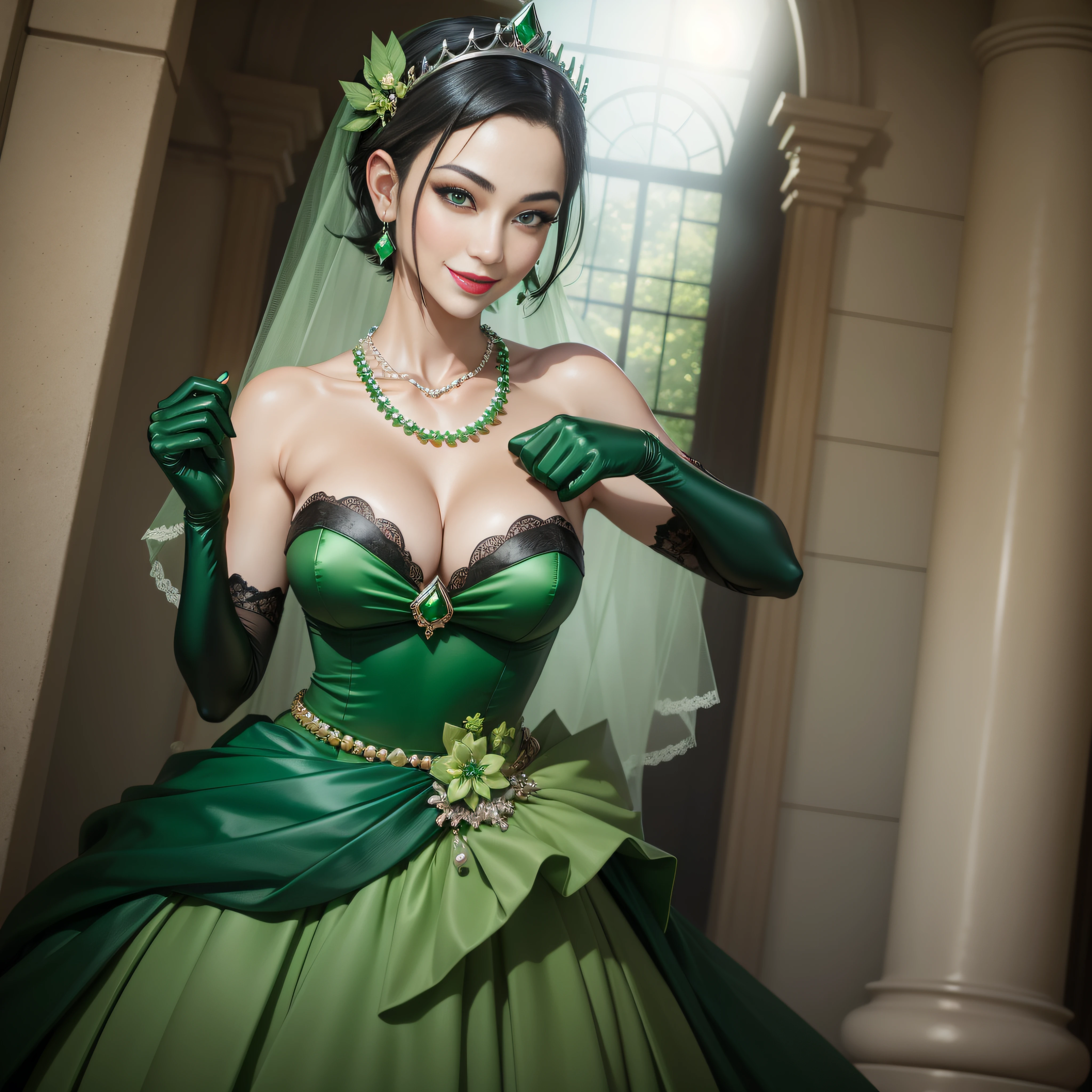 Boyish very short black hair, lipsticks, Japan woman smiling, Green Long Grove, Long green gloves made of satin material, lipsticks, Japan woman smiling, Satin green long gloves, emerald tiara, Green Pearl Necklace, verd s eyes, Green eyes, Long green gloves made of satin material, big breasts beautiful, Green Bridal Veil, Emerald Earrings, Green dress