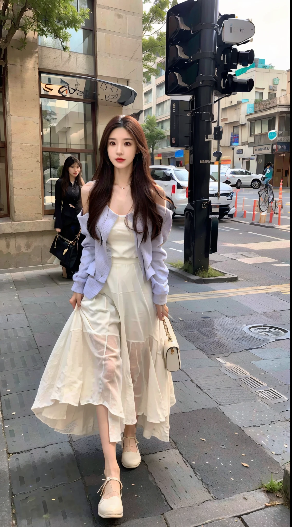 Alapi woman in dress and jacket standing on the sidewalk, CGCOSIETY, Gorgeous young Korean woman, Middle Metaverse, wearing white camisole, white lace clothing, korean women's fashion model, Lovely woman, gorgeous chinese models, photo of slim girl model, Lace, Beautiful young Korean woman, bae suzy, fancy top