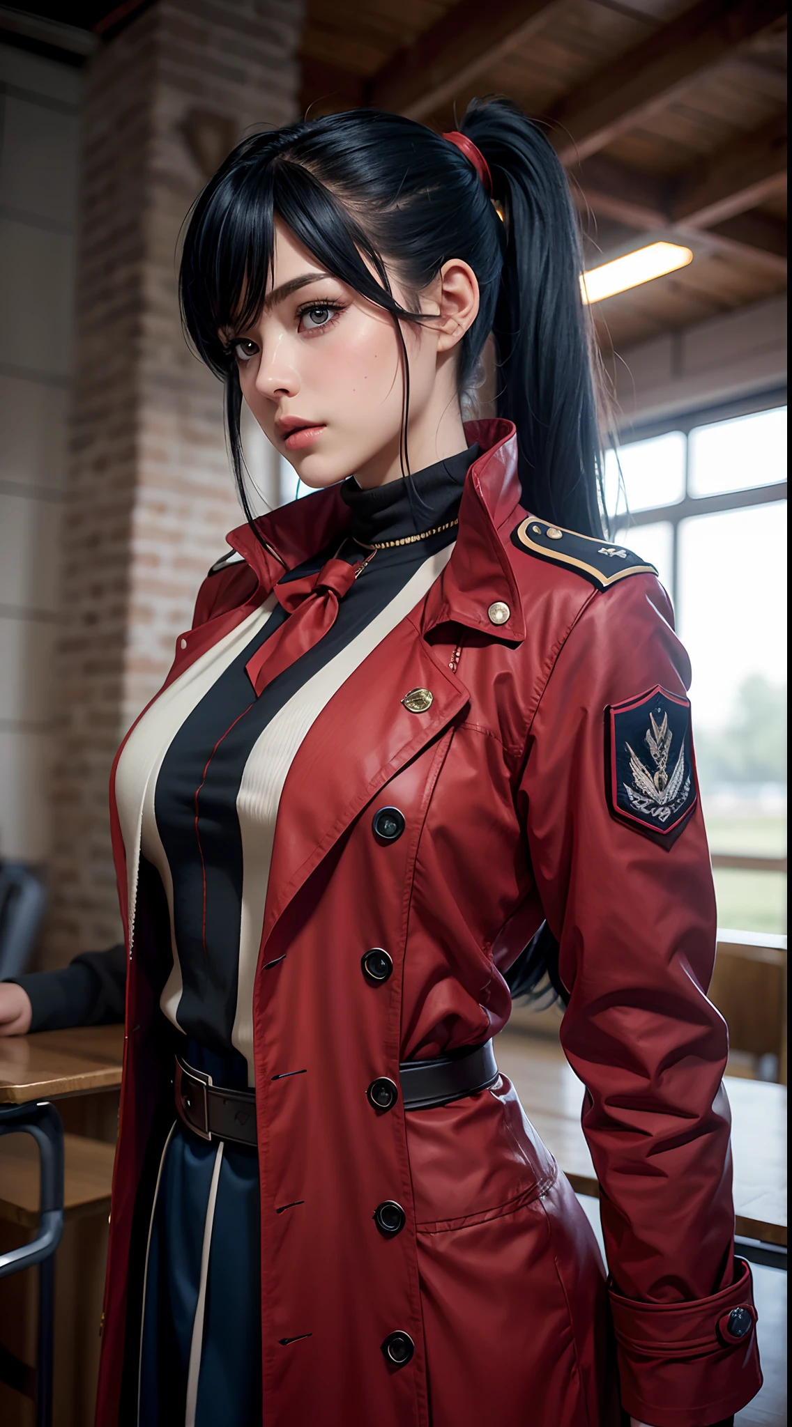 1girl, solo, Laura S. Arseid (long dark blue hair, long ponytail and side Bang), (inspired by trails of cold steel) in a school proper dress with long red coat, in a military school, AMD fidelityFX super resolution 3, shinny effects, extremely detailed texture, shot with Canon EOS 5D mark IV.