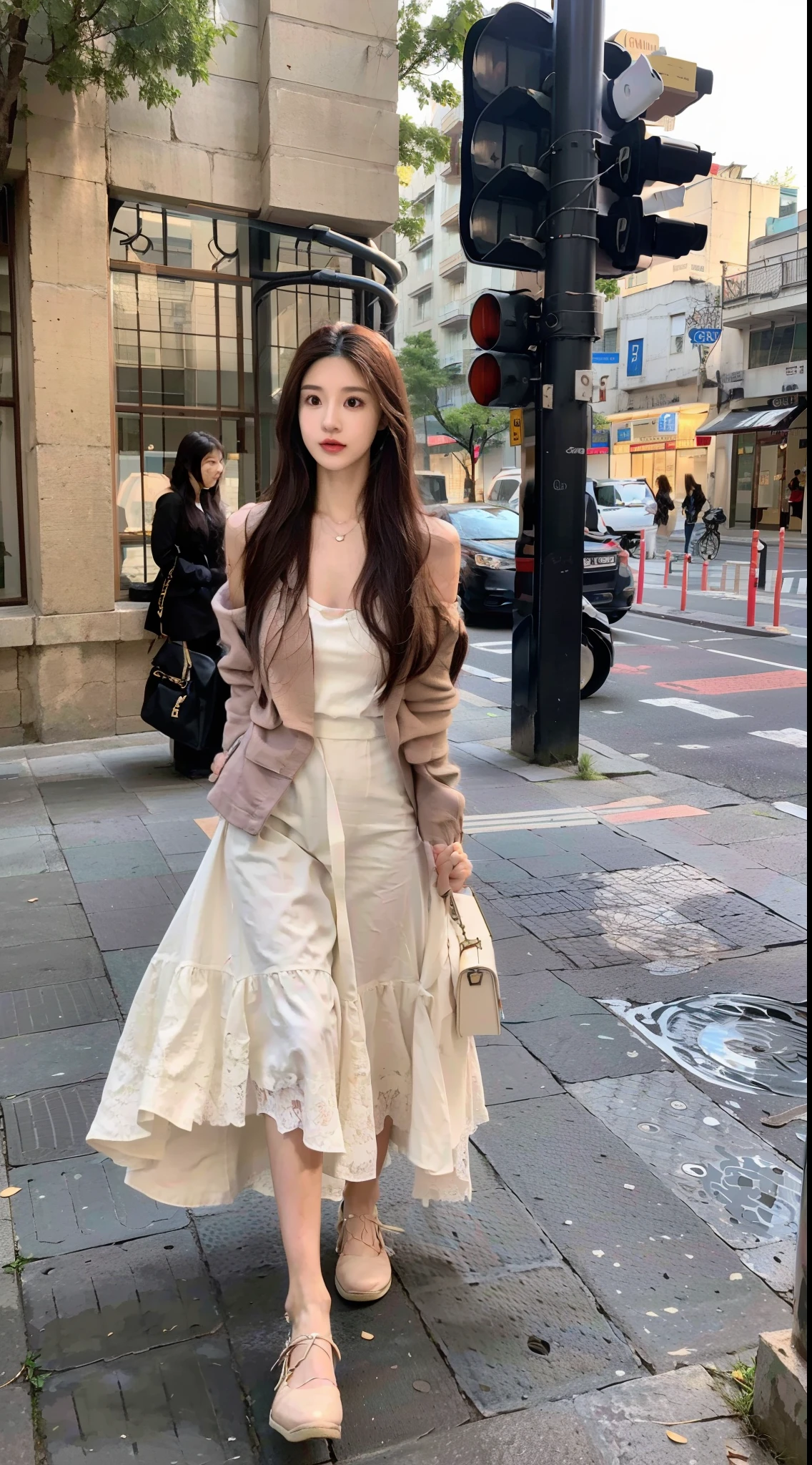 Alapi woman in dress and jacket standing on the sidewalk, CGCOSIETY, Gorgeous young Korean woman, Middle Metaverse, wearing white camisole, white lace clothing, korean women's fashion model, Lovely woman, gorgeous chinese models, photo of slim girl model, Lace, Beautiful young Korean woman, bae suzy, fancy top