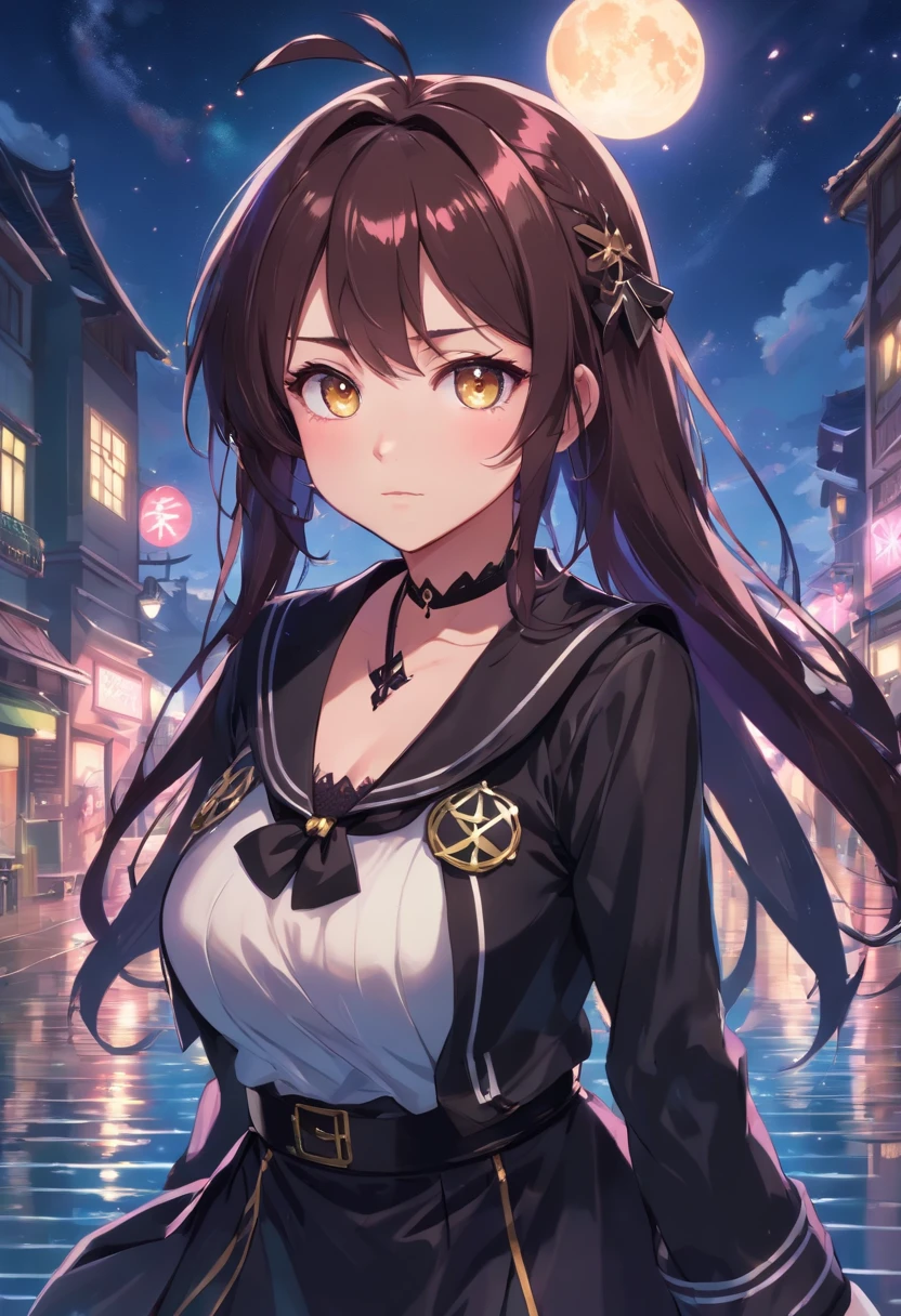 Demon Slayer Toki Muichiro Reality, 1girl in, (magical little girl:1.4), Long dark brown hair, (Gold Opal Eyes), (crystalline, Sparkling bokeh), (Gothic:1.4)Style Sailor Scout Uniform, (Big breasts:1.25), cleavage, wide hips, Small waist, skin tanned, 鎖骨, Parted lips, makeup, blush, Shiny skin, Night, reflection, fullmoon, Moonlight, Rose