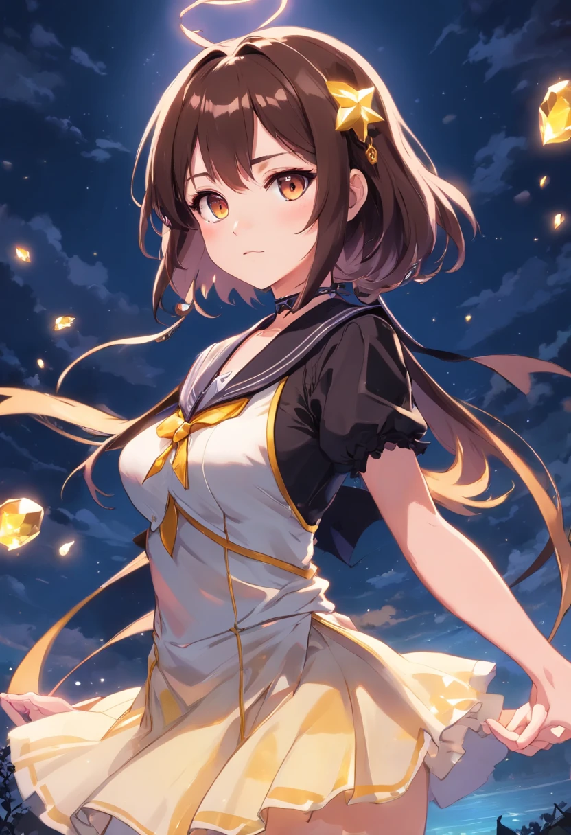 Demon Slayer Toki Muichiro Reality, 1girl in, (magical little girl:1.4), Long dark brown hair, (Gold Opal Eyes), (crystalline, Sparkling bokeh), (Gothic:1.4)Style Sailor Scout Uniform, (Big breasts:1.25), cleavage, wide hips, Small waist, skin tanned, 鎖骨, Parted lips, makeup, blush, Shiny skin, Night, reflection, fullmoon, Moonlight, Rose