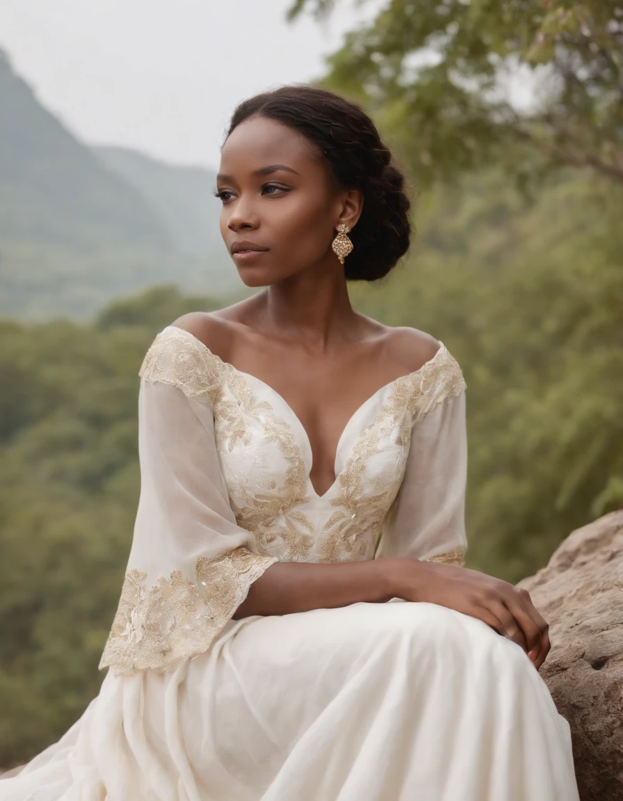 girl wearing a simple long white dress sitting on rock, eye-catching jewelry, dark gold and light beige,art of the ivory coast，medium full shot