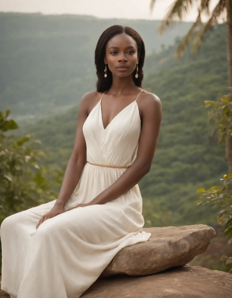 girl wearing a simple long white dress sitting on rock, in the style of african influence, eye-catching resin jewelry, dark gold and light beige, pastoral settings, raw authenticity, olympus om-1, art of the ivory coast ,((upper body))