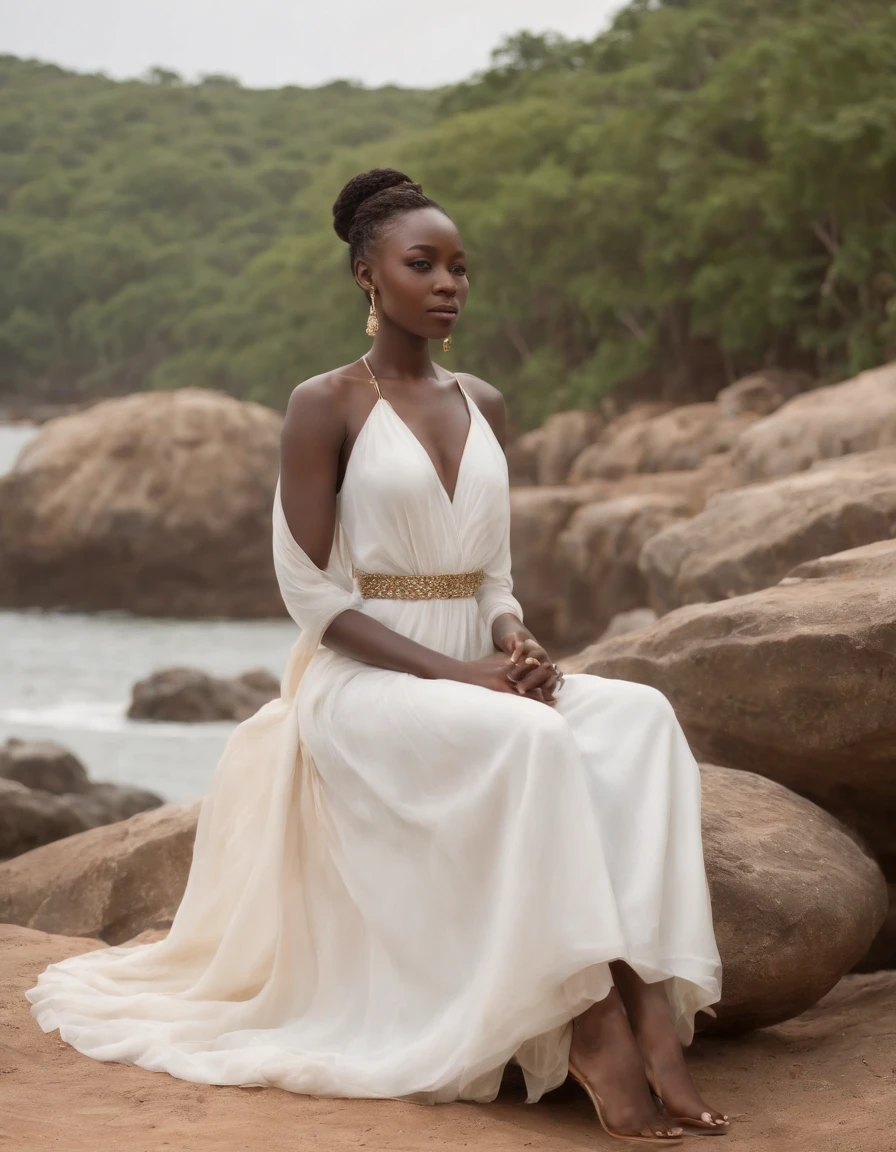 girl wearing a simple long white dress sitting on rock, eye-catching jewelry, dark gold and light beige,art of the ivory coast,medium full shot