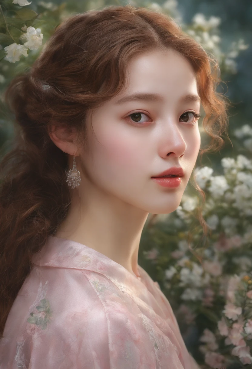 Imagine a watercolor portrait of a young woman with a calm expression. This picture is、Captures the delicate play of light and shadow of her features. Her eyes are a seductive shade of deep blue, Eta、They seem to have a hint of distant memory. The artist's skillful brushwork、Brings out the subtle texture of her skin, Give realistic quality. The subject's lips are softly painted in a natural pink hue, And a gentle smile adorns her face. Sprigs of her wavy reddish-brown hair surround her face, Beautiful harmony with dreamy things, Ethereal background in soft pastel colors. The overall atmosphere of the painting is、Exudes a sense of tranquility and introspection.