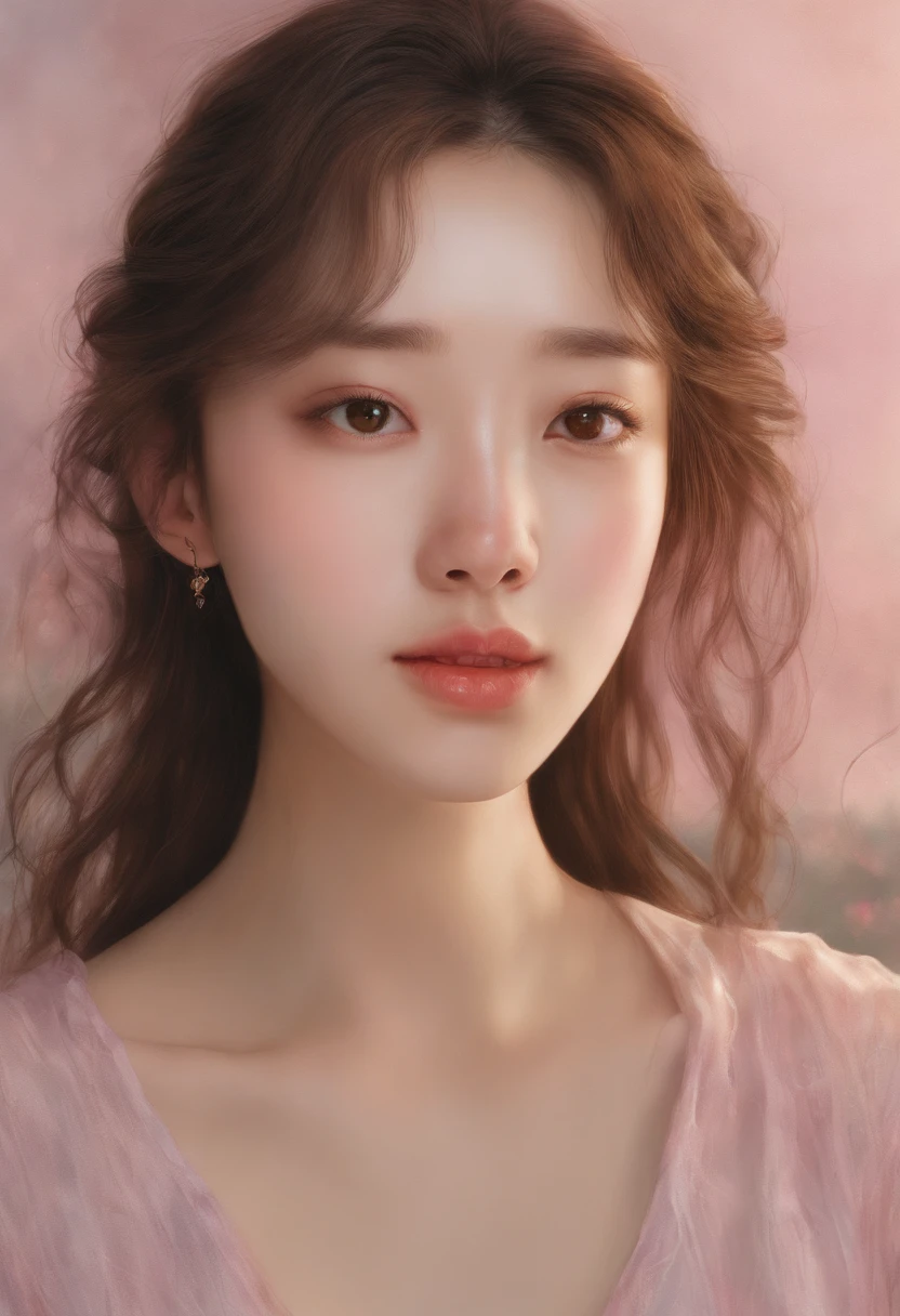 Imagine a watercolor portrait of a young woman with a calm expression. This picture is、Captures the delicate play of light and shadow of her features. Her eyes are a seductive shade of deep blue, Eta、They seem to have a hint of distant memory. The artist's skillful brushwork、Brings out the subtle texture of her skin, Give realistic quality. The subject's lips are softly painted in a natural pink hue, And a gentle smile adorns her face. Sprigs of her wavy reddish-brown hair surround her face, Beautiful harmony with dreamy things, Ethereal background in soft pastel colors. The overall atmosphere of the painting is、Exudes a sense of tranquility and introspection.