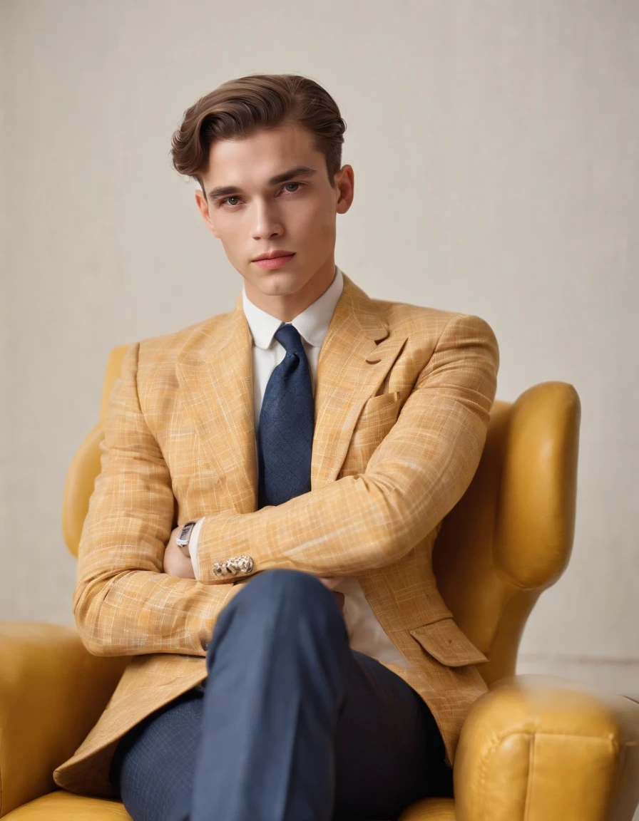 young man in vintage art nouveau style, wearing navy checkered suit, arms crossed and sitting on back of yellow retro chair, medium close up, side shot, white room, high quality photo. medium shot