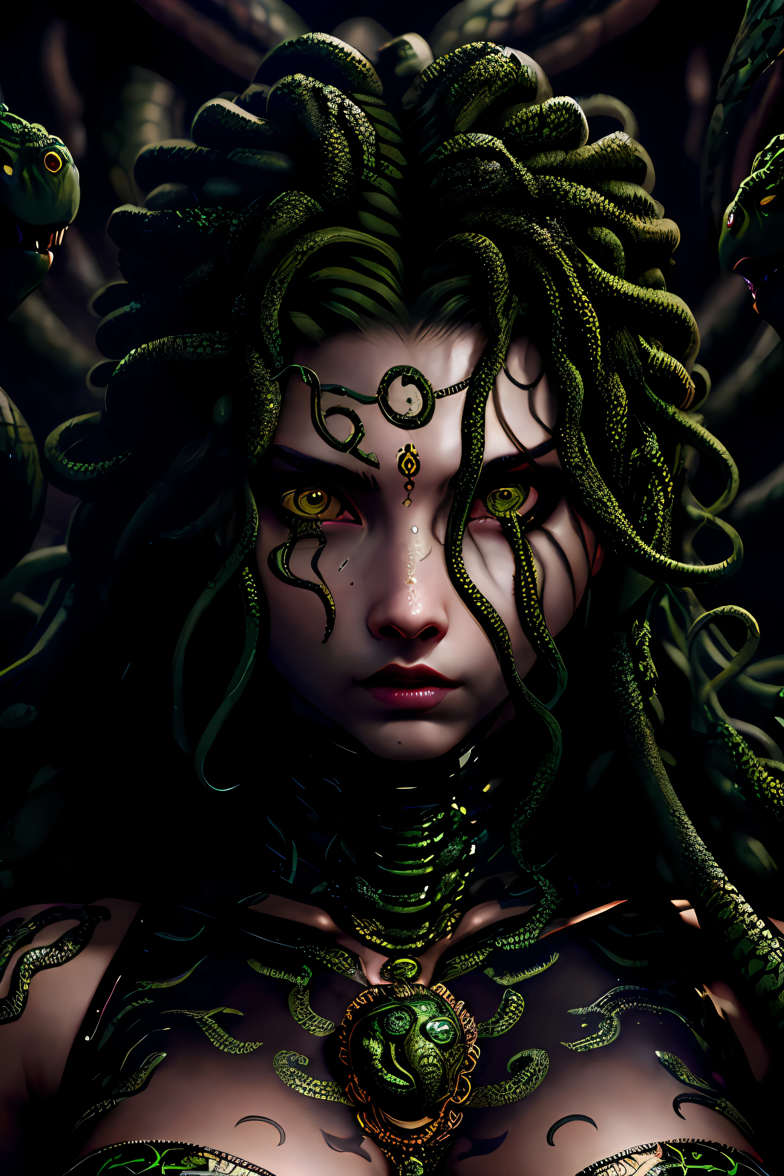((best quality)), ((realistic)), Medusa, upper body, hair is made up of countless snakes, green eyes, female face, metal underwear, trending on artstation, clear focus, studio shot , intricate detail, highly detailed, detailed eye, illustration, highly detailed, sharp focus, digital render, professional, 4k