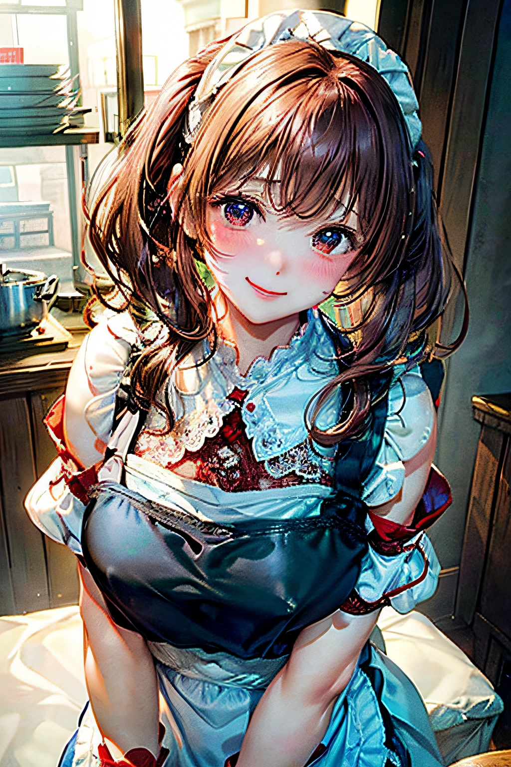 Blushing cheeks、shyly smile、(The 8k quality、Real masterpieces)、(beautiful a girl)、(short hair of red-brown color、hair pin、poneyTail、Floating hair、)Colossal tits、barechested、(((Large size white lace apron on bare skin,、)))、Blush with embarrassment、Enraptured eyes、A smile that beguiles the viewer、Lean forward with your elbows on the kitchen table、Look into the photographer、skin glistening with sweat、gazing at viewer、