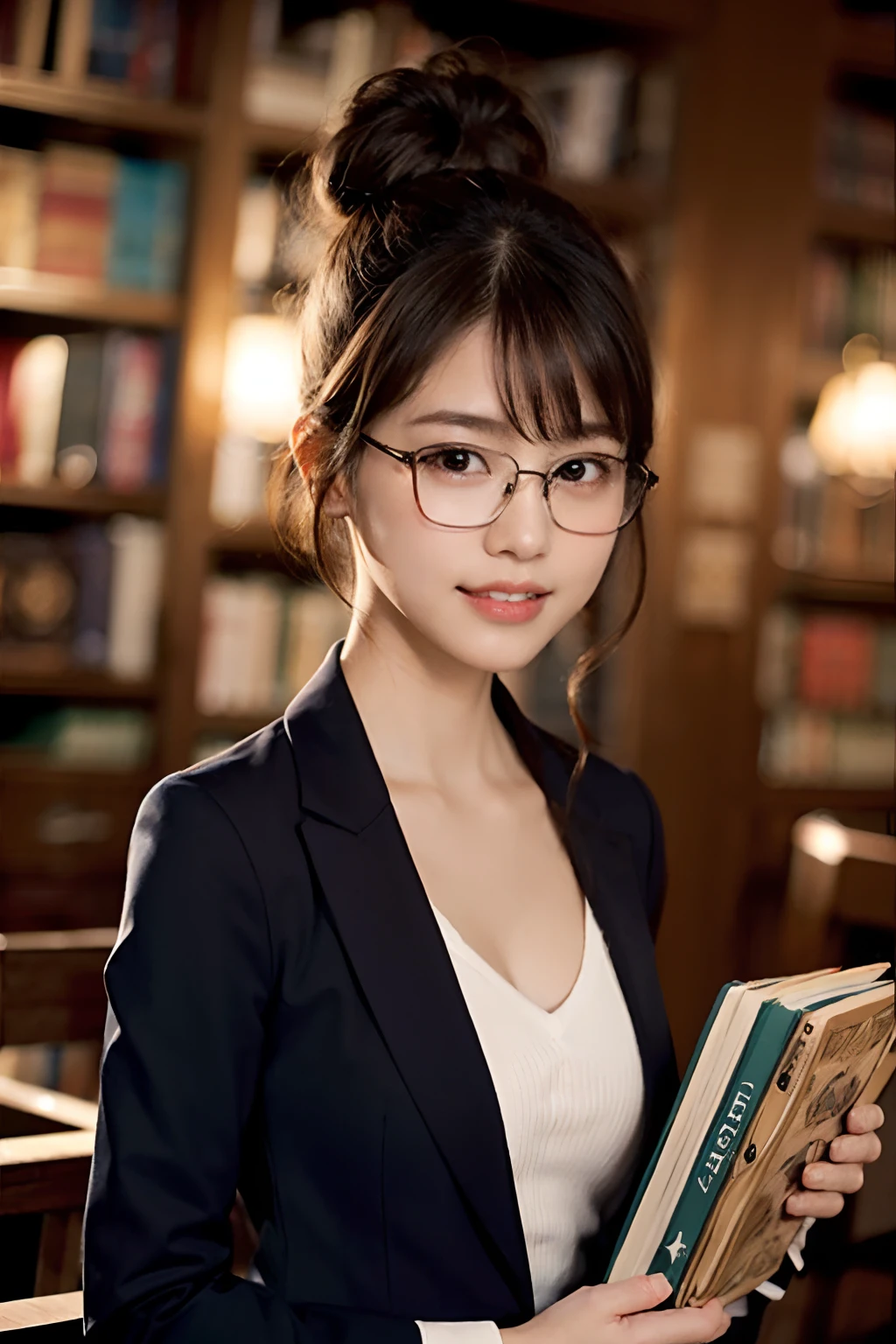 (8K、Raw photography、top-quality、masterpiece:1.2)、(realisitic、Photorealsitic:1.37)、ultra-detailliert、超A high resolution、 1 人、20yr old、see the beholder、beautifull detailed face、A smile with a little visible teeth、Constriction、(Slim waist) :1.3)、((Blazer))、Beautiful detailed skin、Skin Texture、Floating hair、((Hair bunched into one))、large breasts with good shape、Professional Lighting、Autumn twilight、book library、(((Black square glasses )))、Whole human body、Black hair、((Shameful appearance))、Accept books、