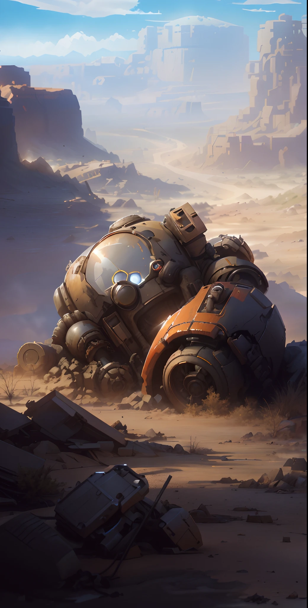 There is a photo of a robot in the desert, Abandoned mech in the background in the distance, Dilapidated mines，The mountains are undulating，A winding path leads into the distance，wojtek fus, inspired by Craig Mullins, craig mullins greg rutkowski, craig mullins nekro, inspired by Brian Despain, author：Alexander Jean, art by Wlop and Greg Rutkowski, Rolands Zilvinskis 3D rendering art，tmasterpiece，best qualtiy。super detailing，Guibli，Shinkai sincerely，