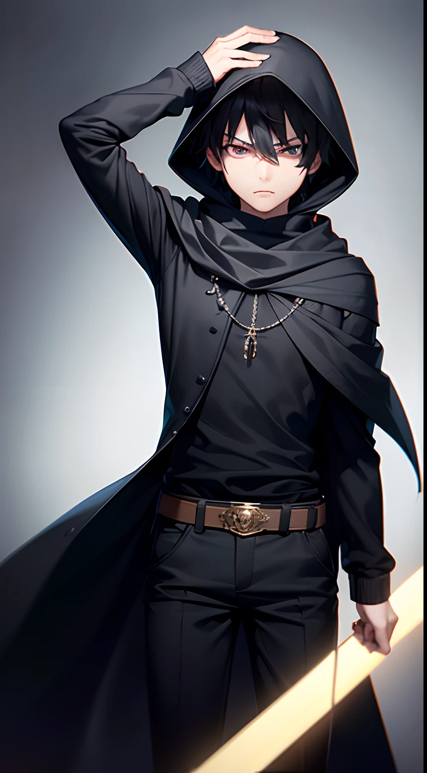 8k, masterpiece, extreme detail, expressive clothing, expressive hair, expressive face, 1male, teenager, short hair, vampire eyes, angry expression, black hoodie, black scarf, black cloak, black pants, head to thighs, head covered by cloak