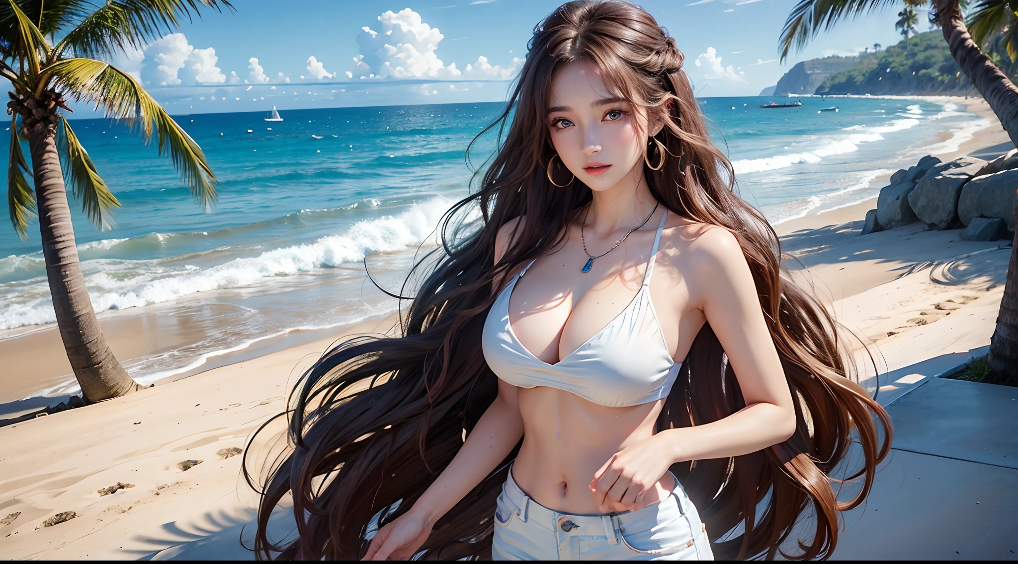 8yk, Raw foto, (Masterpiece), (Best Quality), hi-res, (One Girl), (realisitic, Photorealistic: 1.2), White T-shirt, torn shorts, Highly detailed physics-based rendering standing in the center of the screen, necklaces, Earrings, air bang, Hair ornaments, sunset, 鎖骨, wristband, Long hair, Brown hair, ahoge, girl alone, very big bust, Seafront, Wavy hair, thin 、、、、 ((Highest Quality, 8K, Masterpiece: 1.3)), a beautiful woman with perfect figure: 1.4, Big, Big breasts, 20yo, Slim Abs: 1.2, (Long wavy hair)), ((kpop-idol: 1.3)), (Shower Water)), Highly detailed face and skin texture, (posando)), ((captivating)), (( ( Drenched body)), a blond, Blue Eyes, (1 person), (seaside), (waves), (palm tree), (Ultra-high sharpness)