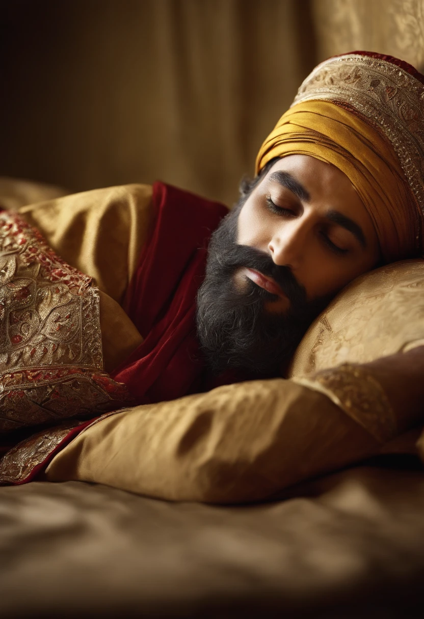 Sultan Ahmed the Great, lying on his deathbed, . He is young and frail, his skin is pale and his eyes are sunken. He is dressed in fine robes, and his head is covered with a turban. He looks peaceful and resigned, as if he is ready to meet his maker."