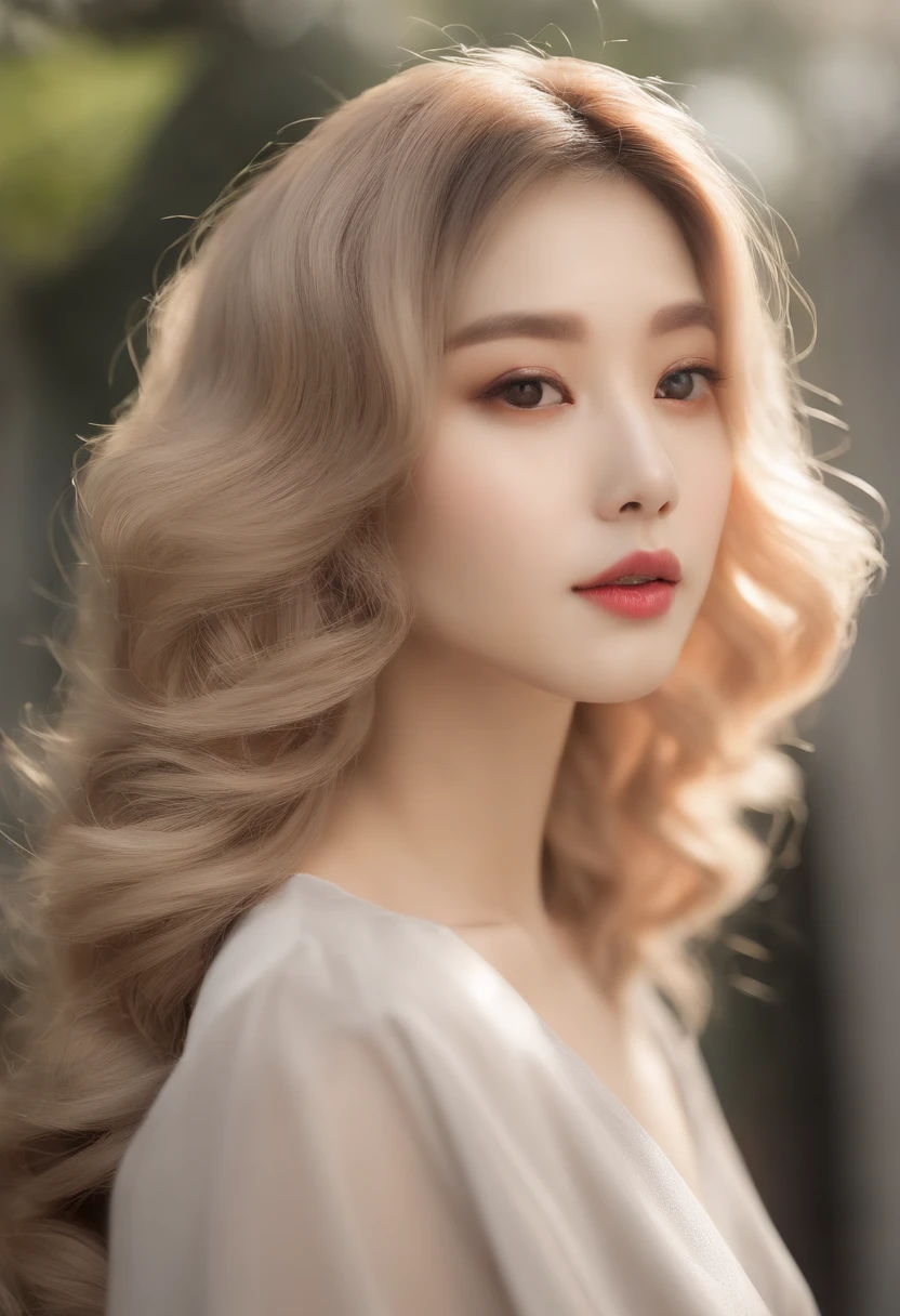 Profile slightly slumped。
hyper realstic。
Middle Hair Woman。soio。
Hair length below the shoulders。 
Hair color is blonde。Wolfhair。
thins、Gray ash&It has a pink color in it。 
Permed。
Korean。 
Light orange eyeshadow。
Light orange lip。 
Flat lighting。
White wall background。 Not the front face。