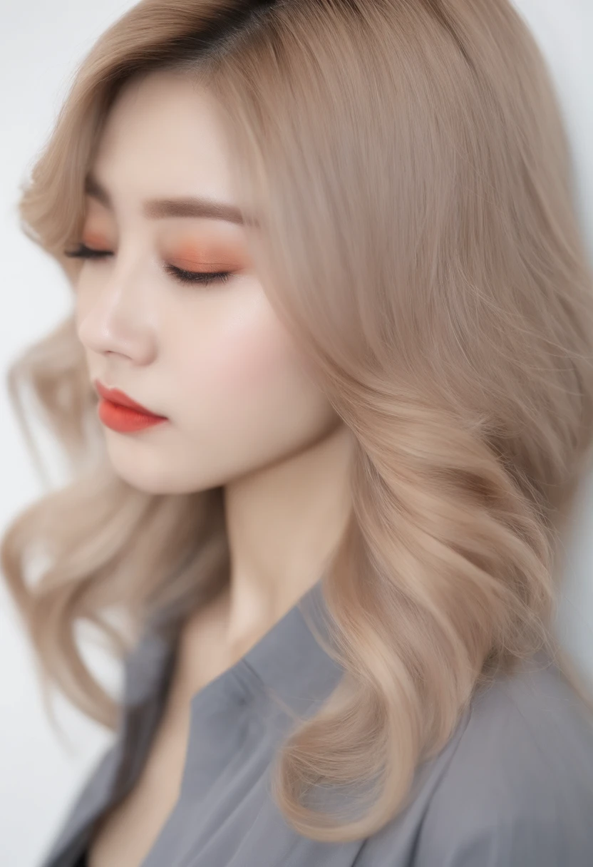 Profile slightly slumped。
hyper realstic。
Middle Hair Woman。soio。
Hair length below the shoulders。 
Hair color is blonde。Wolfhair。
thins、Gray ash&It has a pink color in it。 
Permed。
Korean。 
Light orange eyeshadow。
Light orange lip。 
Flat lighting。
White wall background。 Not the front face。