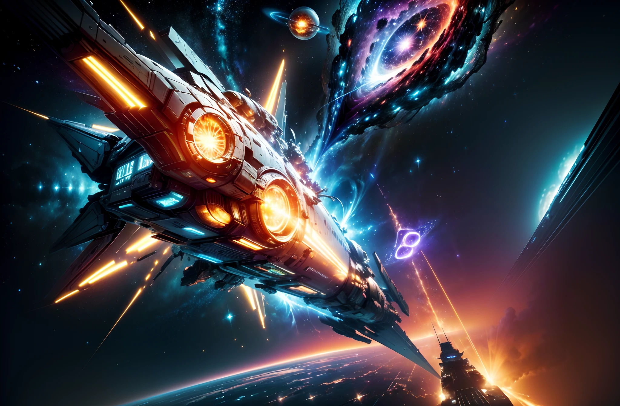 (Space art），（high perspective：1.2），(Carrier side rear view:1.2)，In the vastness of space，Large aircraft carriers sail forward，Below the spacecraft is space，Surrounded by stars，(Ahead is a glowing interstellar wormhole:1.3)，The ship is about to enter a wormhole，cyber punk perssonage，dreamy glow，luminous neon lights，（globalillumination，Ray traching，hdr，The rendering is not realistic，Rational design，high detal，tmasterpiece:1.2，best qualtiy:1.2，hyper HD，cinmatic lighting）