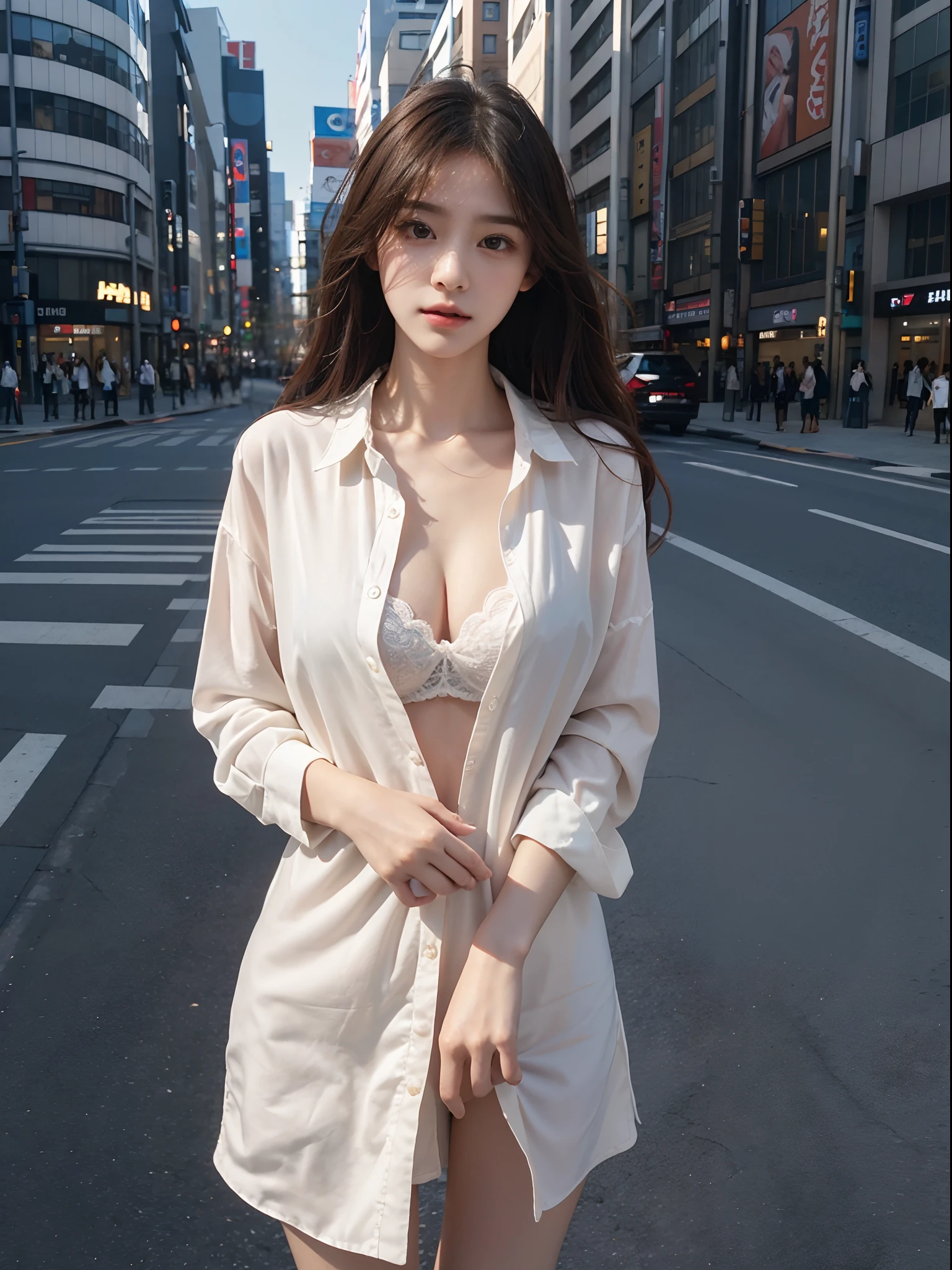 Best Quality Detail:1.2, realisitic, 8K UHD, Hight Resolution, 1girll:1.2, The ultra-detailliert, High quality textures, delicate detail, The Details, super detailed CG, High quality shadow, Detail : beautiful delicate face, Detail : beautiful delicate eyes, depth of fields, Ray traching, 20's, Pretty Kpop girl, Korean Urzan face:1.1, Slim Faces, ulzzang -6500-v1.1:0.6, pureerosface_v1, Glow Eyes, teak, Glossy Lips, PerfectBody, chokers、cleavage of the breast、 Brown hair、ponytale:1.1, Street, Particle, looking up at viewer, Photorealcitic:1.4, extremely highly detailed, photograph realistic, 4K 8K UHD Full Color RAW Photos, Fujifilm(Medium format:1.2), Hasselblad:1.2, Carl Zeiss:1.1, Stunning dynamic range photos(useful_artwork: Smooth-768:1.1), Hight Resolution, High pixel count, clear details, crisp image, Natural color reproduction, Noise Reduction, High fidelity, , Software Enhancements, Upscaling, Optimized algorithm, Professional-grade retouching、((Shibuya, Tokyo))、On the way to shop、((Stylish clothes with a very high design))、Shirt dress: Oversized shirt dress、Simple and fashionable style