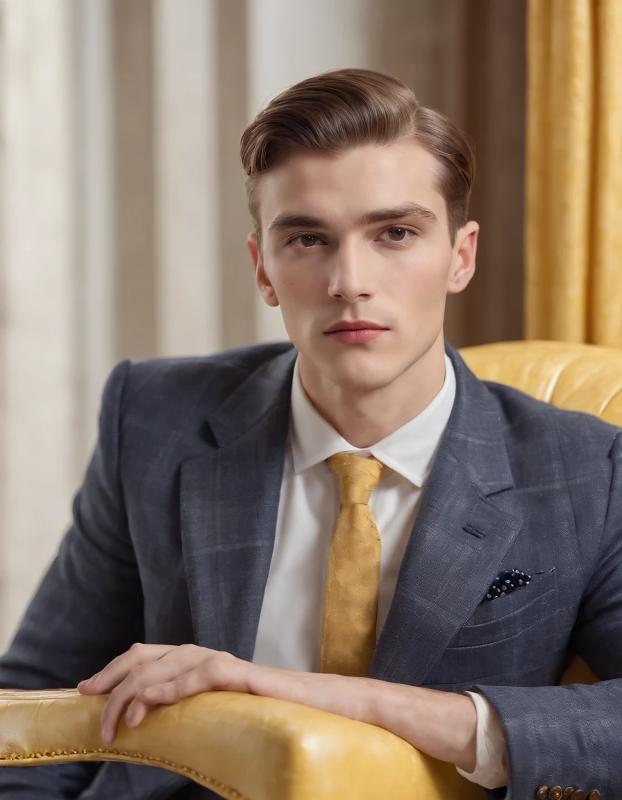 young man in vintage art nouveau style, wearing navy checkered suit, arms crossed and sitting on back of yellow retro chair, medium close up, side shot, white room, high quality photo. medium shot