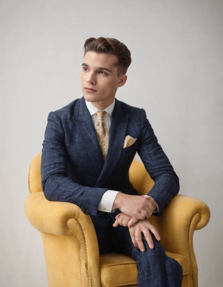 young man in vintage art nouveau style, wearing navy checkered suit, arms crossed and sitting on back of yellow retro chair, medium close up, side shot, white room, high quality photo. medium shot