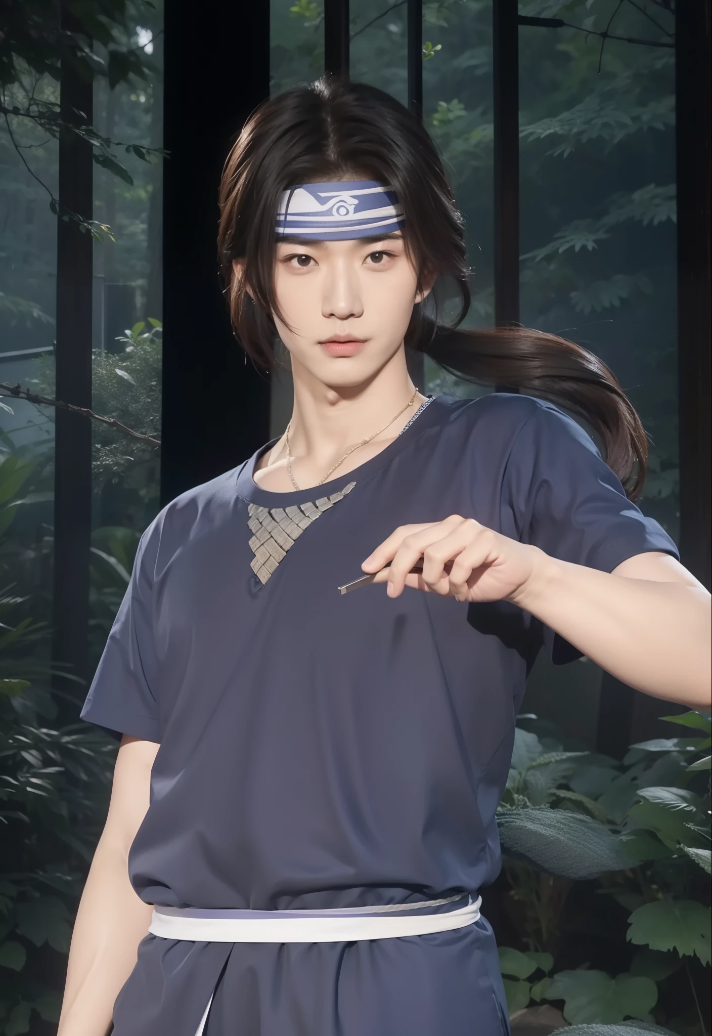 real life adaptation of this character, Korean handsome face, realistic hairstyle, realistic light, realistic shadow, (photorealistic: 1.2), realism, hyper realistic,realistic same outfit ,wear ninja headband