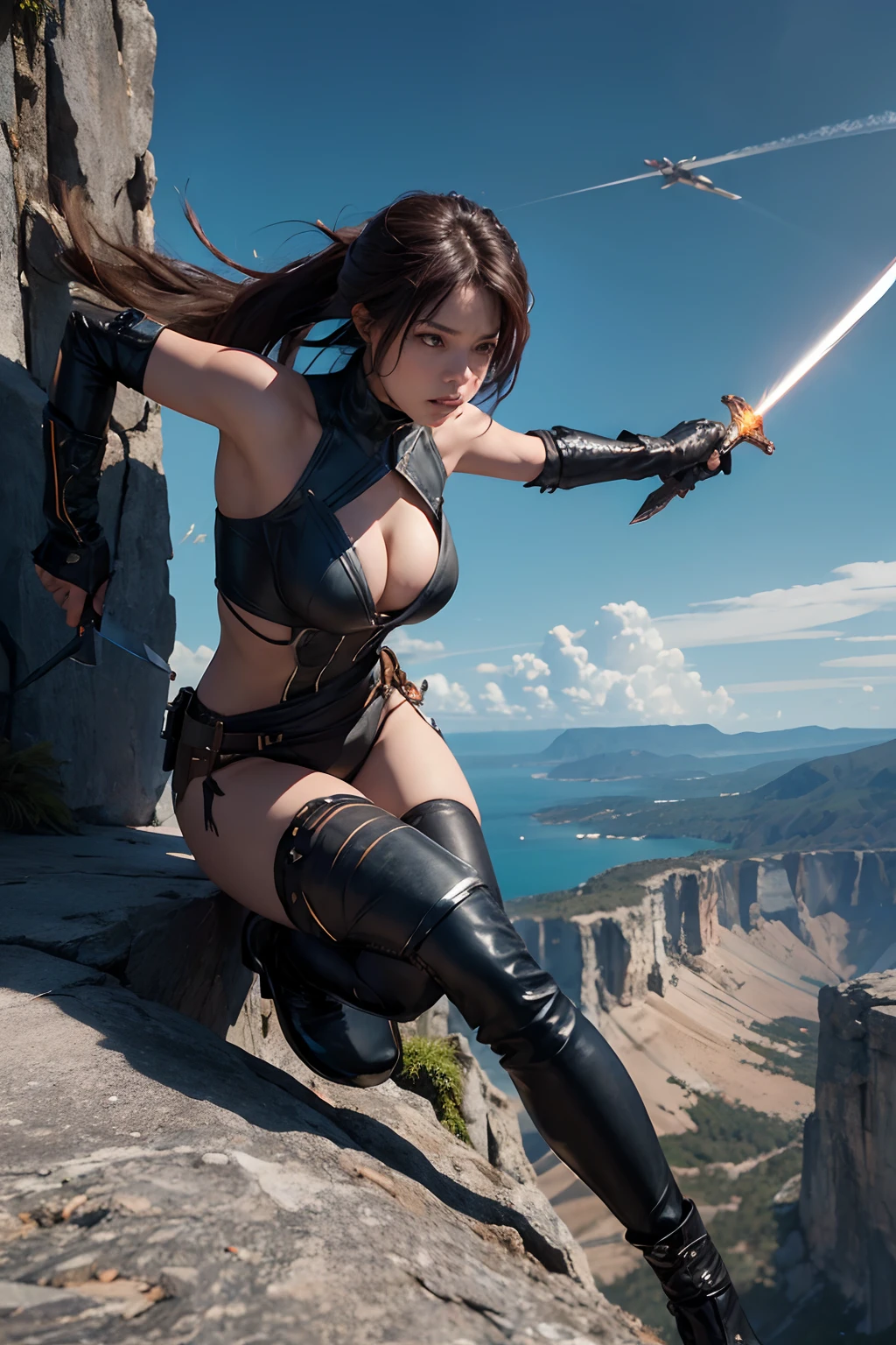 Crisp, sharp digital photography, Imax lens, a female rogue, wearing jagged torn leathers, fighting for her life on the edge of a precipice, thrusts a sword into an expanding explosion