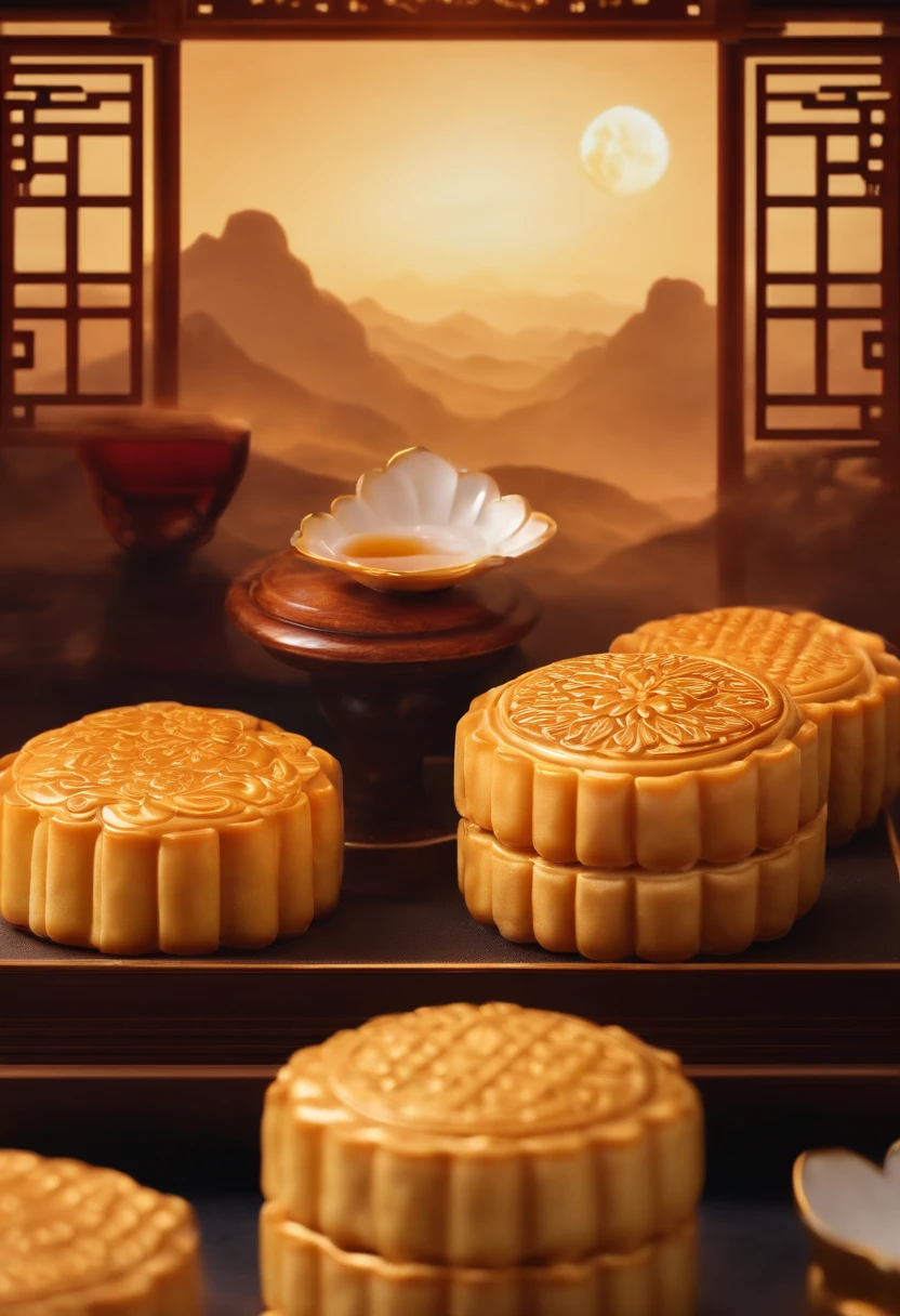 Commercial shooting, Cantonese egg yolk mooncakes, Mooncake size, poster for, Fresh style background, elegant, Booth lighting, Attractive, photorealistic colors, Ultra HD