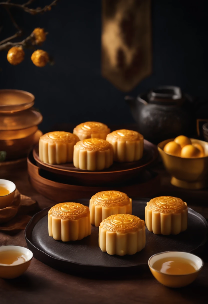 Commercial shooting, Cantonese egg yolk mooncakes, Mooncake size, poster for, Fresh style background, elegant, Booth lighting, Attractive, photorealistic colors, Ultra HD