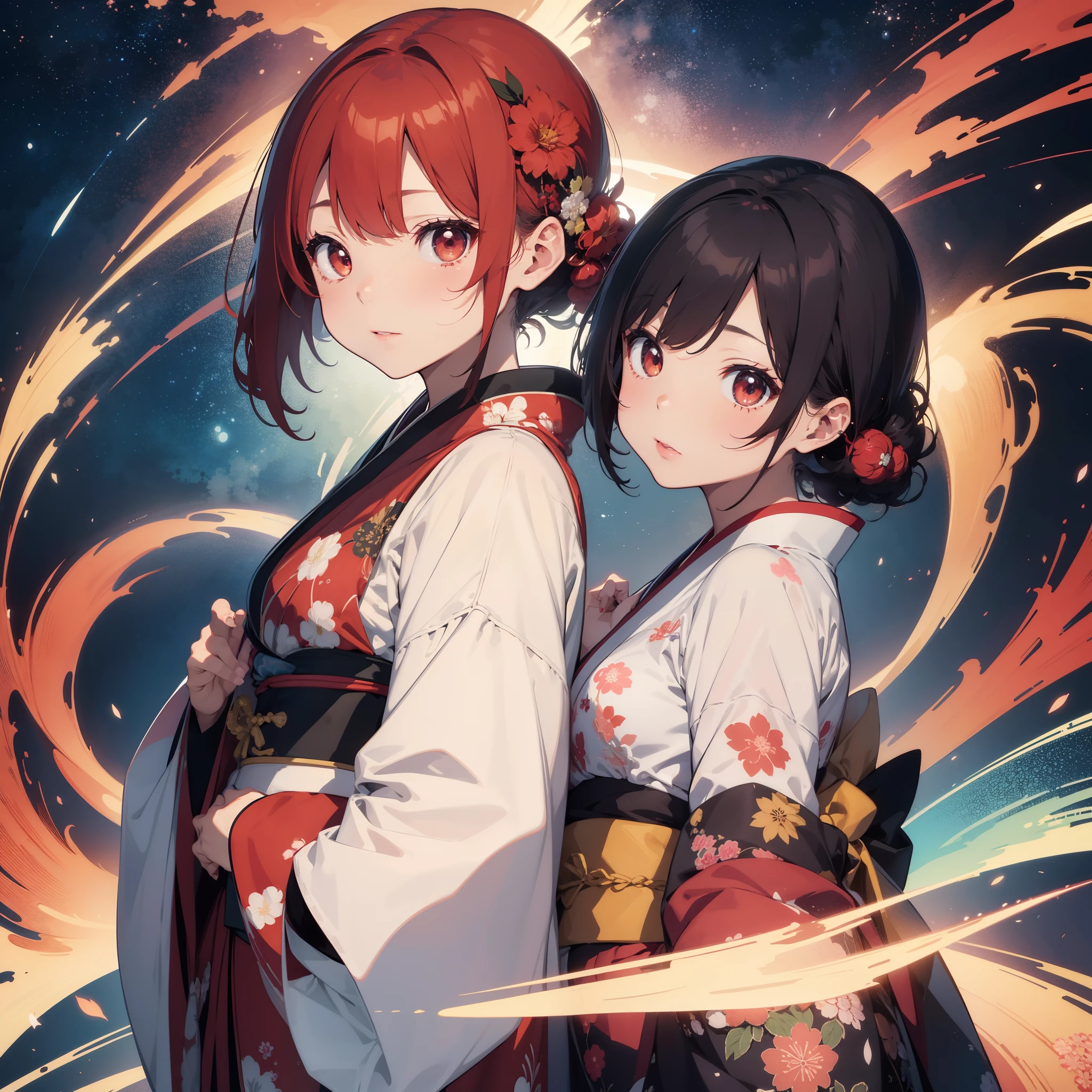 masterpiece、high-level image quality、High gloss、独奏、Overall view、Full body view、Girl with mature face、with round face、Glowing round eyes、Red hair color、Lined bob cut、Hairstyle flowing sideways with hair styling、Vermilion long eyeliner、Seductive makeup、red lipsticks、de pele branca、Kimono with a large Japanese pattern、Extravagantly embroidered kimono、Look up and look at me、Background with Parent residence、Salon、