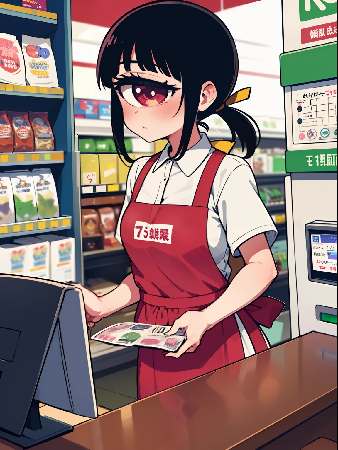 1girl,ponytail,tangan,cyclops, convenience store,cashier, konbini,counter, cash register,7-eleven, Employee badge,apron