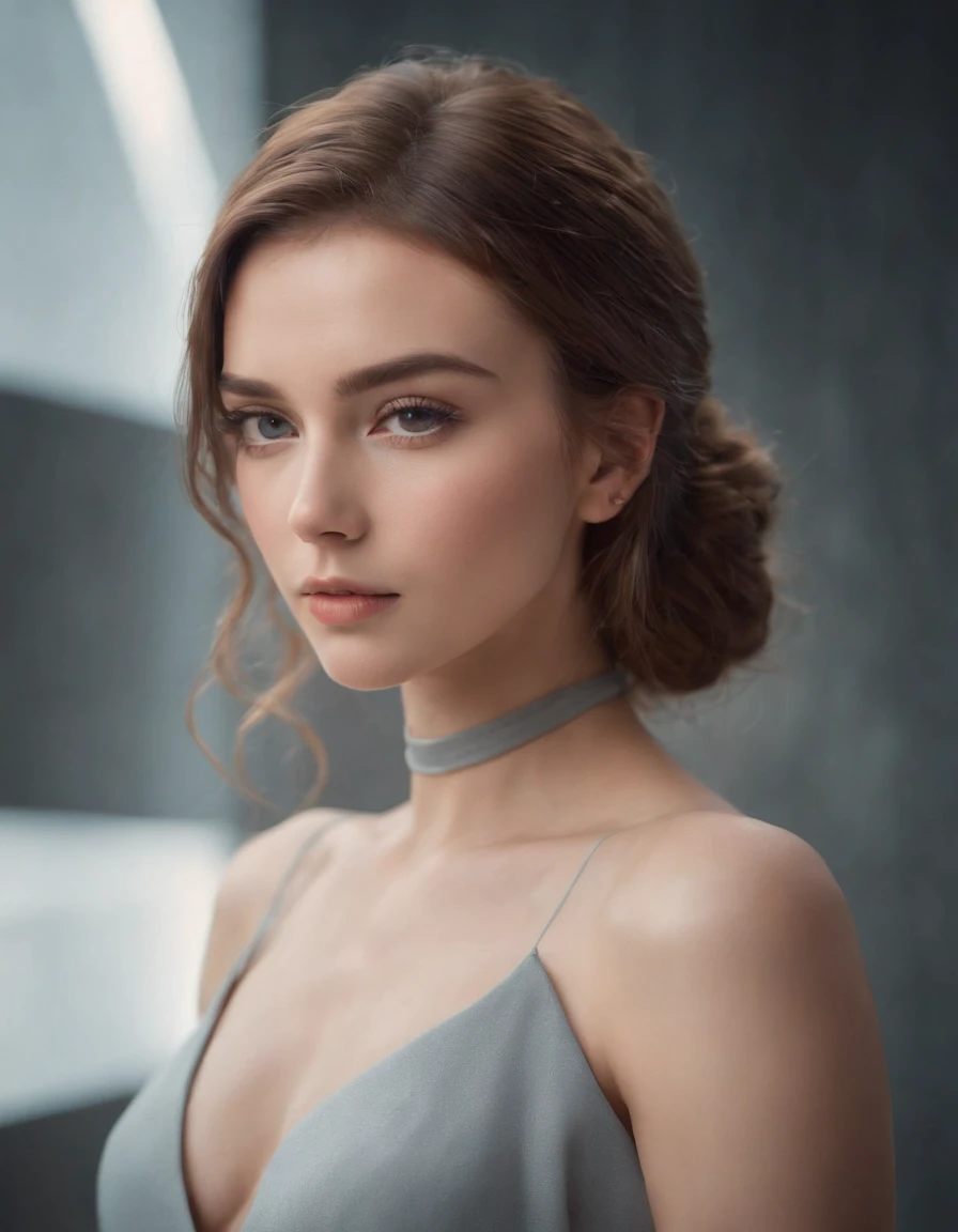 1girl, Textured garments, poised poise, dramatic angles, geometric shapes, contrasts of light and shadow, slick futurism, avant-garde styling, high-tech backdrop, crisp lines, ultra-high resolution,(upper body)
