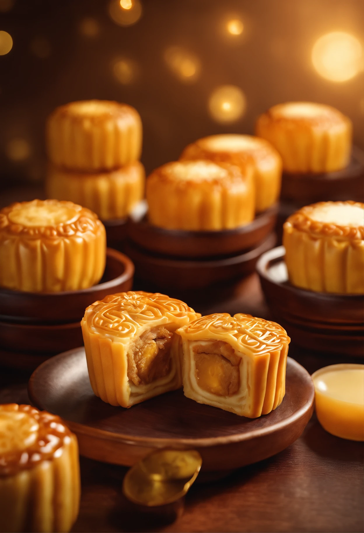 Commercial shooting, Cantonese egg yolk mooncakes, Mooncake size, poster for, Fresh style background, elegant, Booth lighting, Attractive, photorealistic colors, Ultra HD