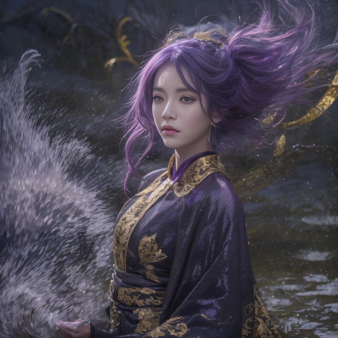 Agate glass texture 32K(tmasterpiece,k hd,hyper HD,32K)Long flowing bright purple hair,Autumn Pond,zydink, a color, Asian people (Kizi), (Red scarf), Combat posture, looking at the ground, long whitr hair, Floating bright purple, Fire cloud pattern gold tiara, Chinese long-sleeved gold silk garment, (abstract ink splash:1.2), white backgrounid,Lotus protector(realisticlying:1.4),Bright purple hair,Smoke on the road,The background is pure, A high resolution, the detail, RAW photogr, Sharp Re, Nikon D850 Film Stock Photo by Jefferies Lee 4 Kodak Portra 400 Camera F1.6 shots, Rich colors, ultra-realistic vivid textures, Dramatic lighting, Unreal Engine Art Station Trend, cinestir 800,Long flowing bright purple hair