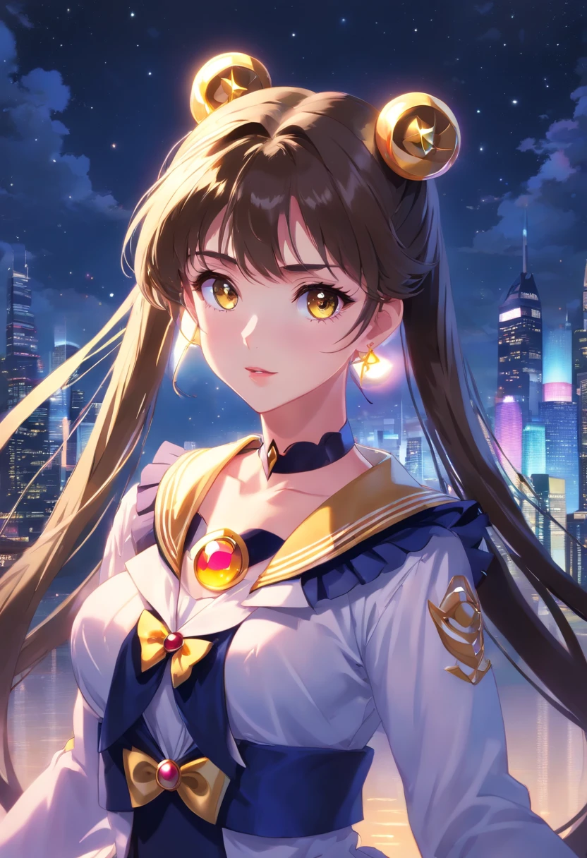 Sailor Moon, Realistic, 1girl in, (magical girl:1.4), Long dark brown hair, (Gold Opal Eyes), (crystalline, Sparkling bokeh), (Gothic:1.4)Style Sailor Scout Uniform, (Big breasts:1.25), cleavage, wide hips, Small waist, skin tanned, 鎖骨, Parted lips, makeup, blush, Shiny skin, Night, reflection, fullmoon, Moonlight, Rose