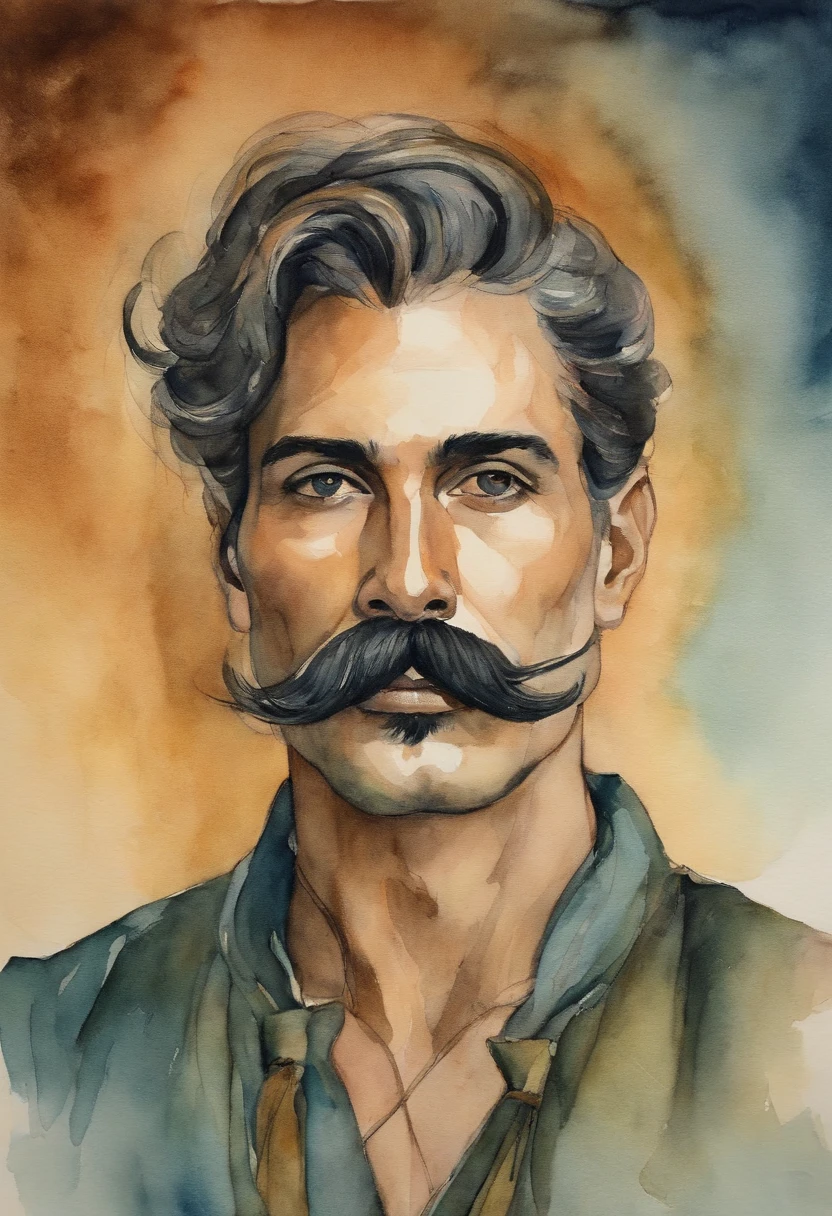 serenidade, Ink painting and watercolor, Depicts a man with a mustache and tied hair, serene look, peace