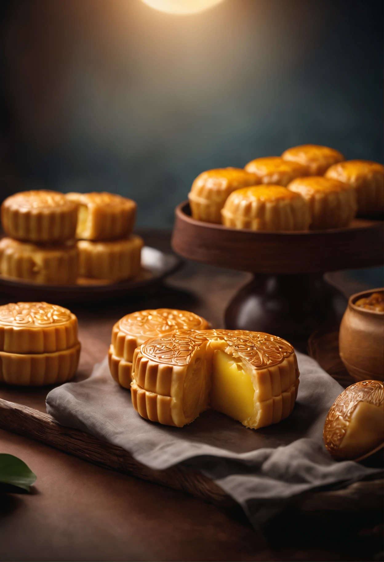 Commercial shooting, Cantonese egg yolk mooncakes, Mooncake size, poster for, Fresh style background, elegant, Booth lighting, Attractive, photorealistic colors, Ultra HD